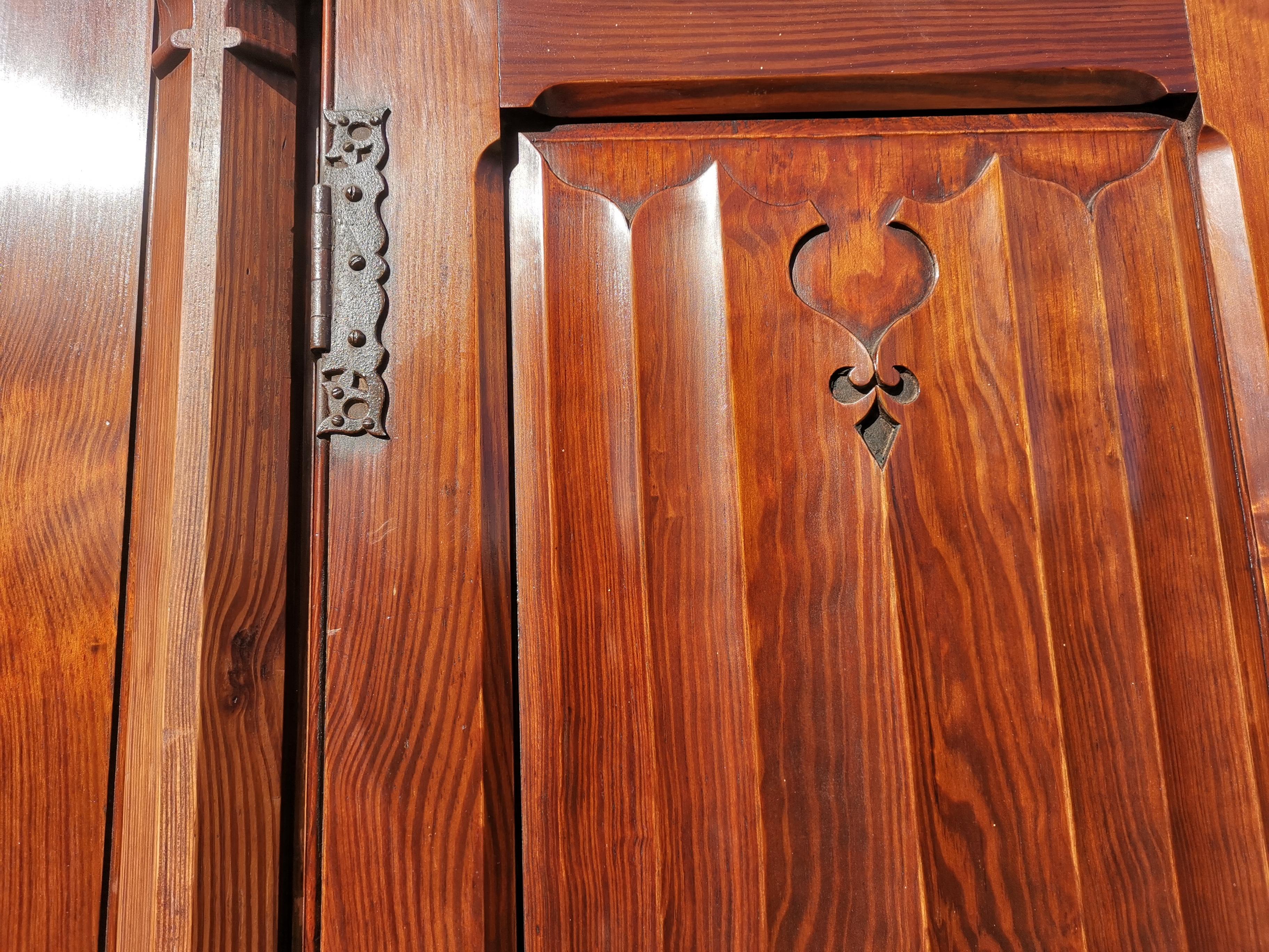 A W N Pugin. Gothic Revival Four Door Pitch Pine Wardrobe with Linenfold Panels For Sale 3
