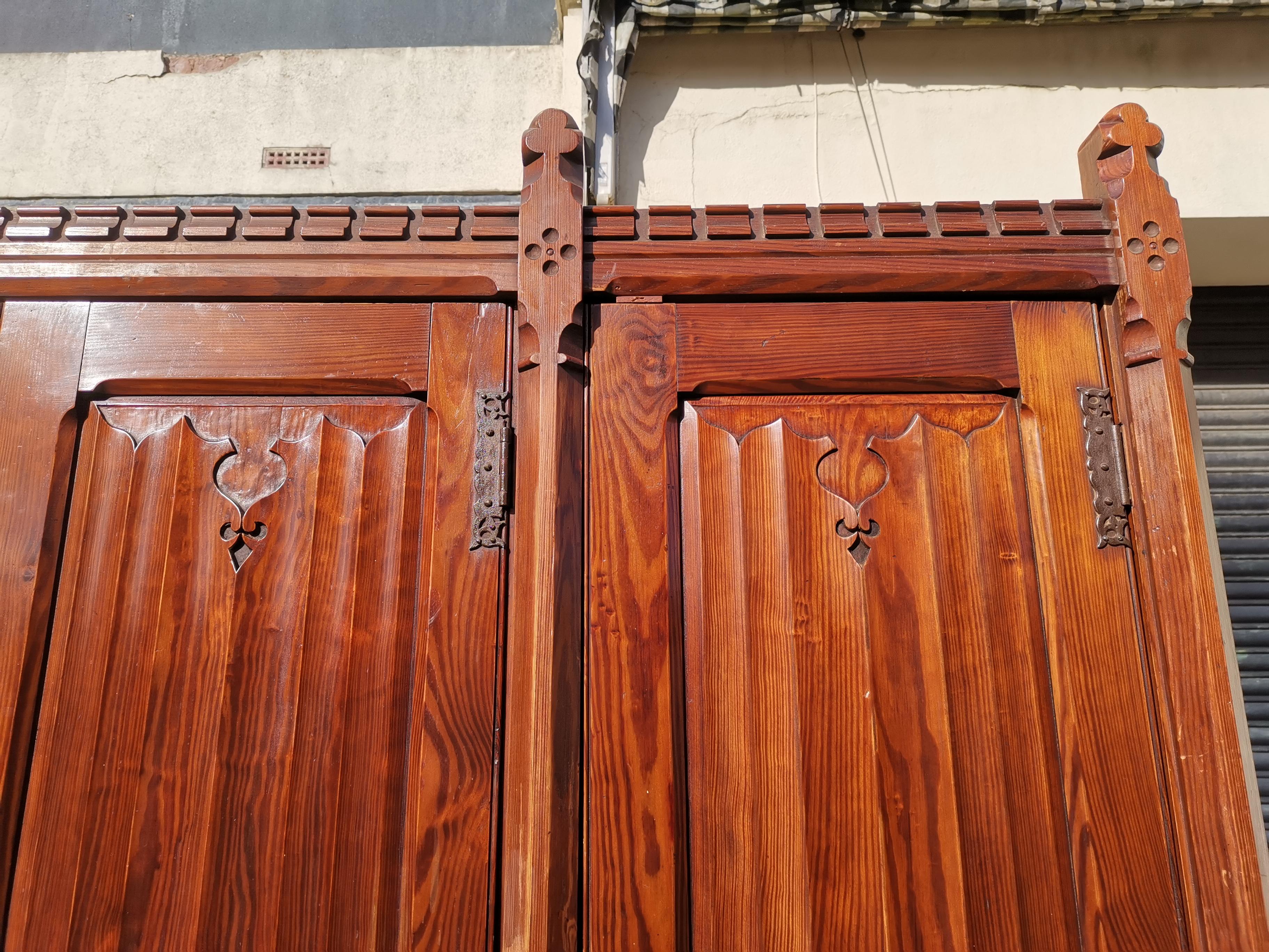 A W N Pugin. Gothic Revival Four Door Pitch Pine Wardrobe with Linenfold Panels For Sale 4