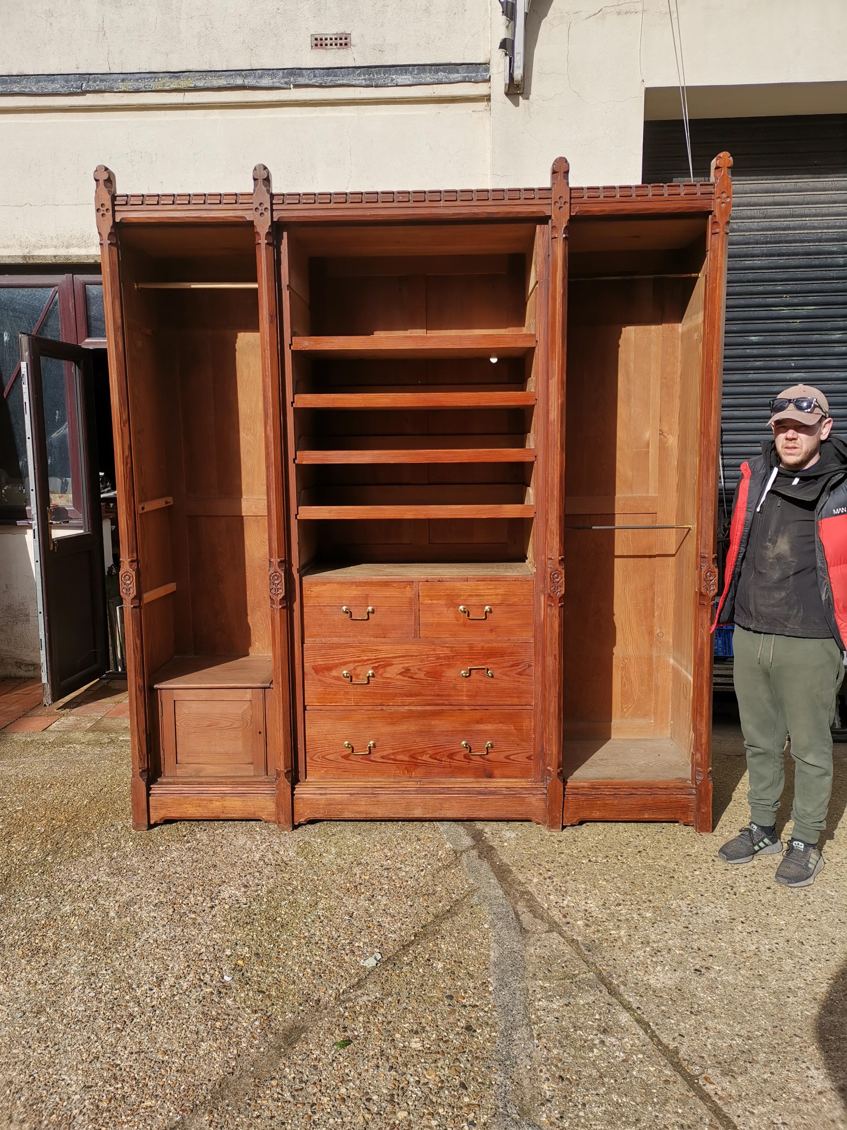 A W N Pugin. Gothic Revival Four Door Pitch Pine Wardrobe with Linenfold Panels For Sale 10