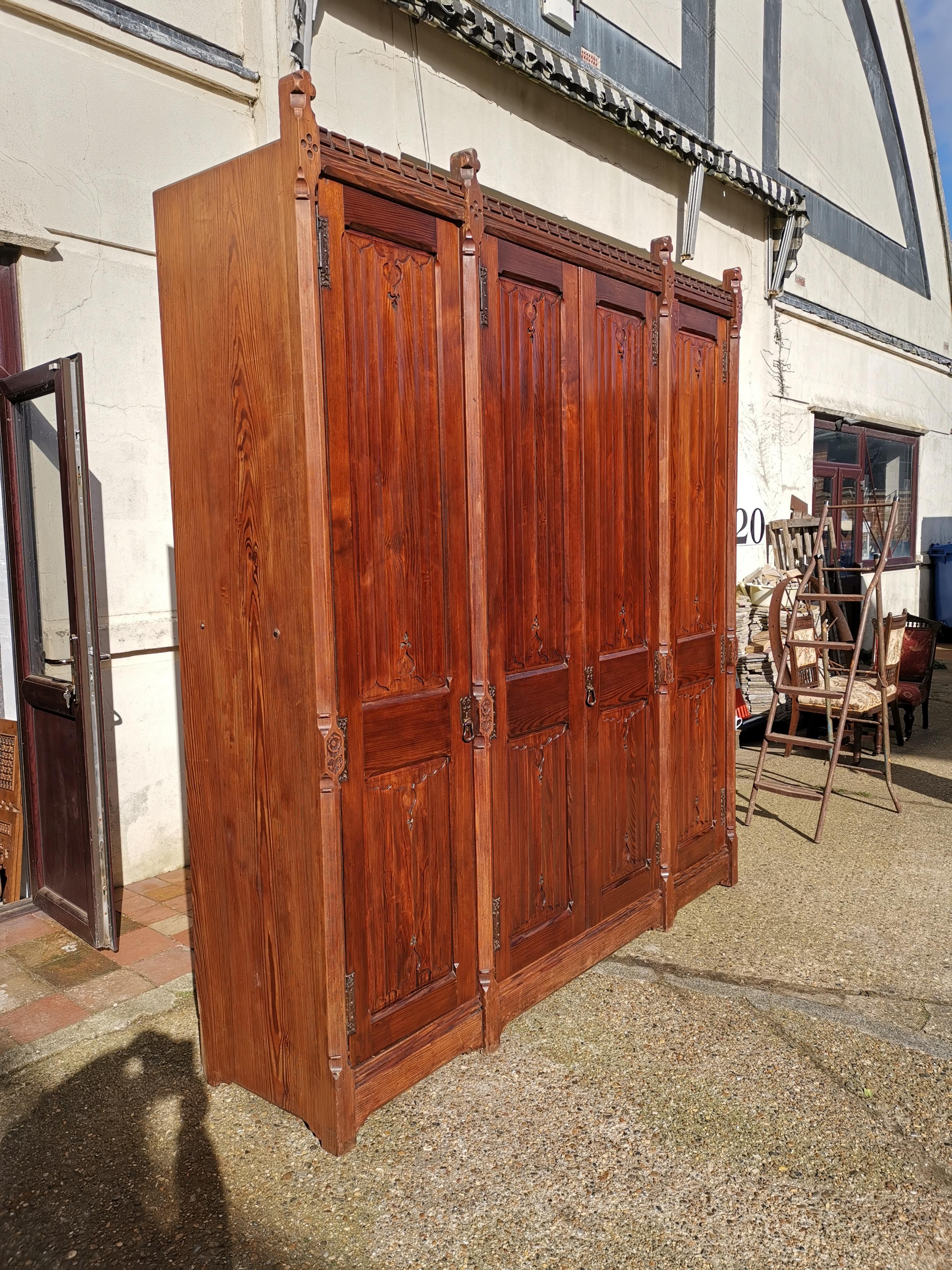 English A W N Pugin. Gothic Revival Four Door Pitch Pine Wardrobe with Linenfold Panels For Sale