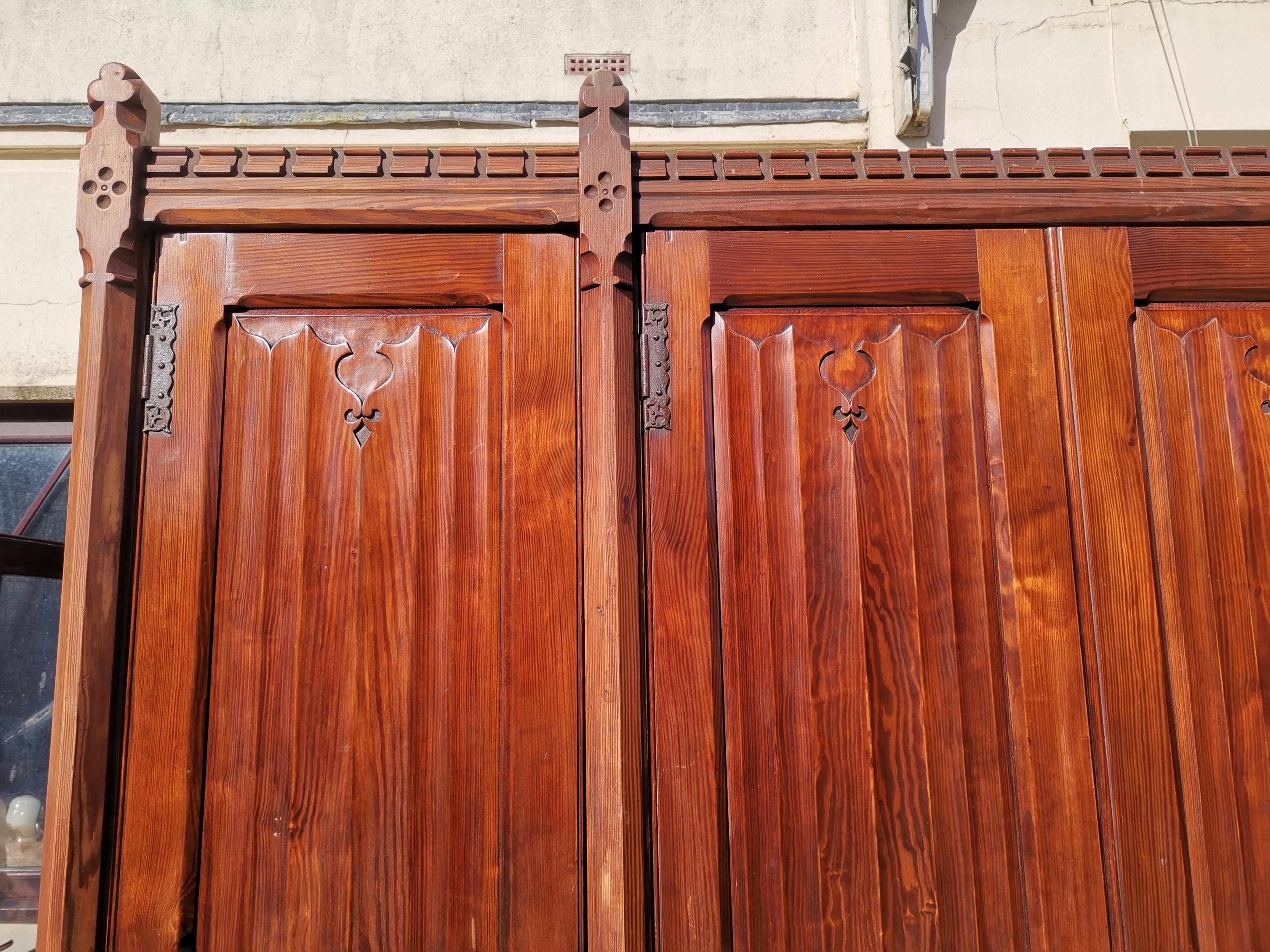 A W N Pugin. Gothic Revival Four Door Pitch Pine Wardrobe with Linenfold Panels For Sale 1