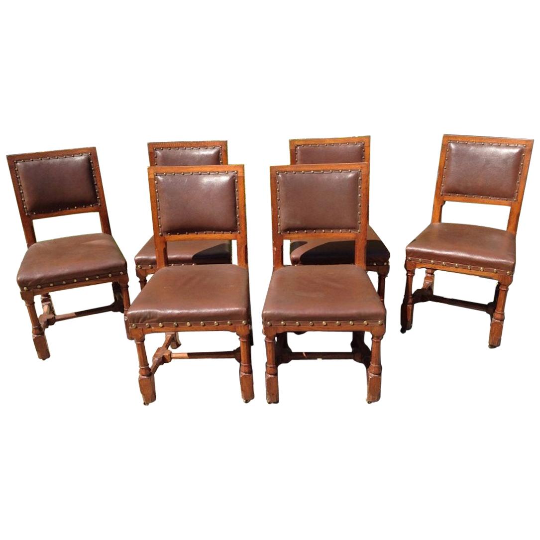 A W N Pugin, Stamped Gillows, a Set of Six Gothic Revival Oak Dining Chairs