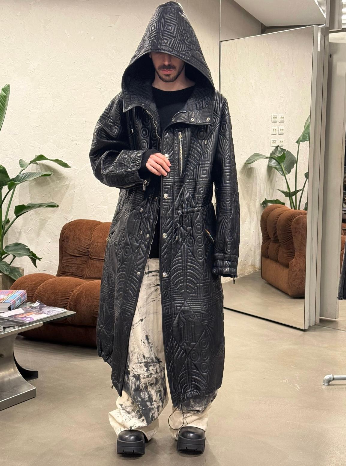 Black A/W1990 Gianni Versace embossed leather runway coat For Sale