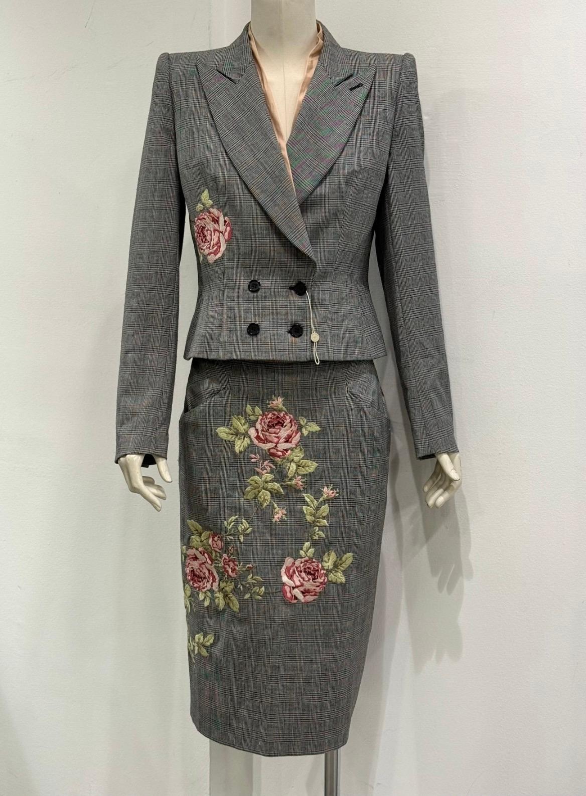 Gray A/W1997 Alexander McQueen runway checked embroidered suit set For Sale