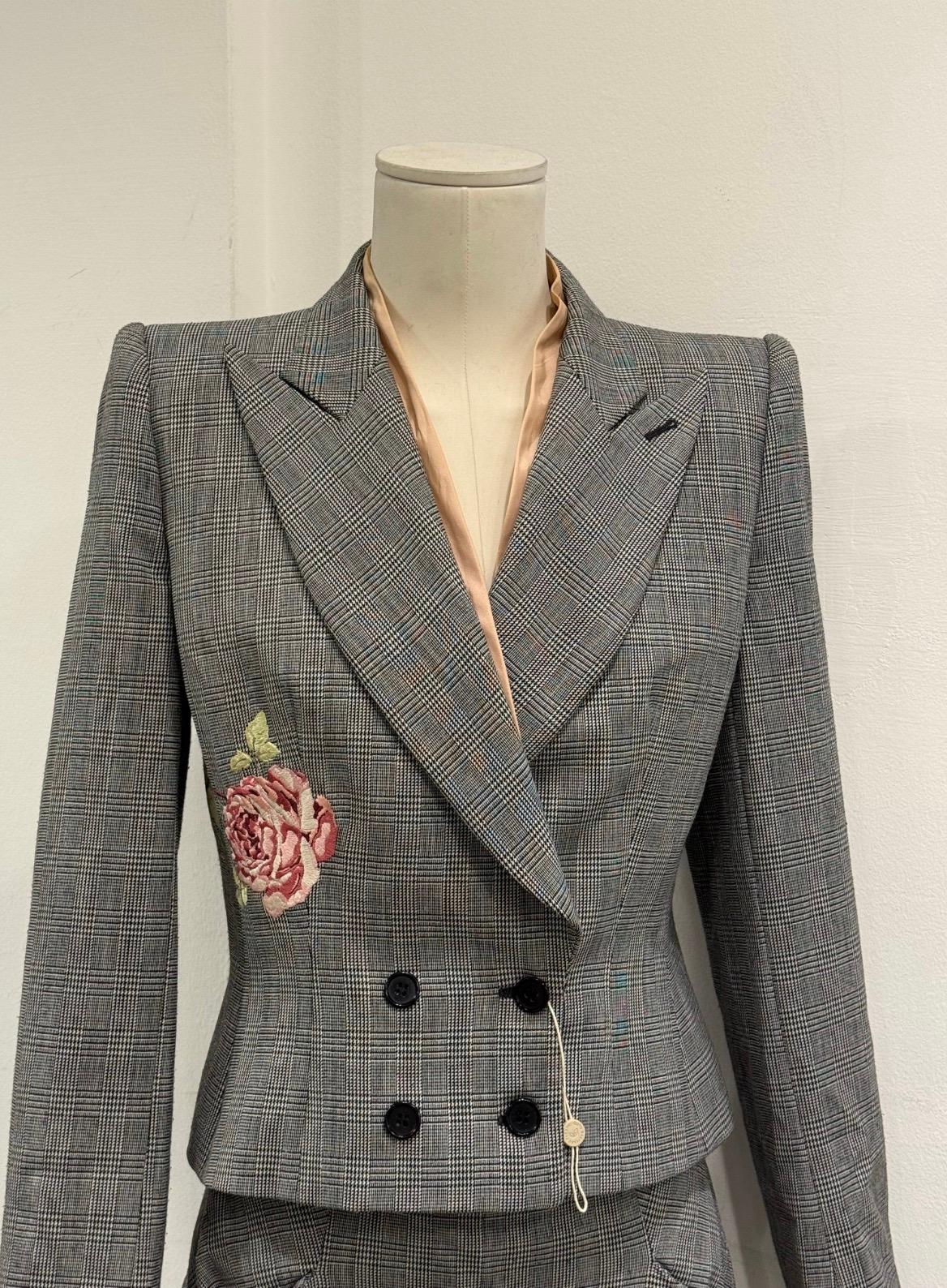 A/W1997 Alexander McQueen runway checked embroidered suit set For Sale 1