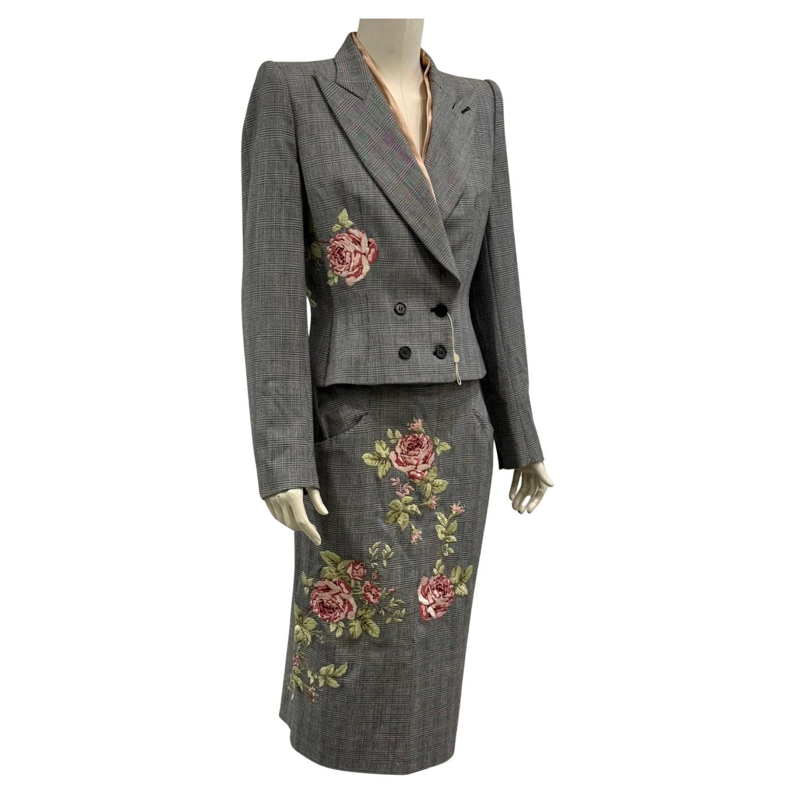 A/W1997 Alexander McQueen runway checked embroidered suit set For Sale
