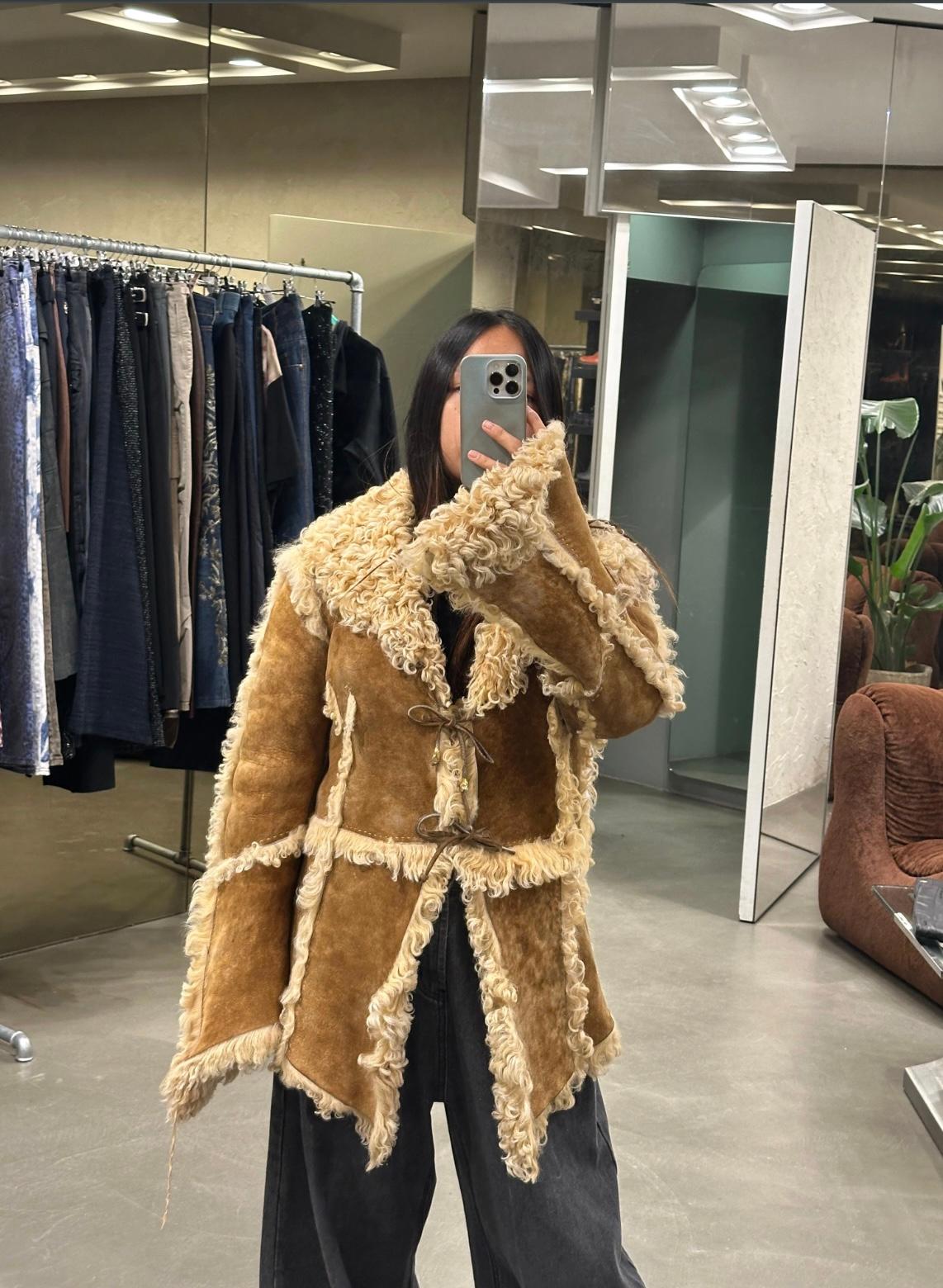 Brown A/W1999 Roberto Cavalli shearling patchwork jacket For Sale