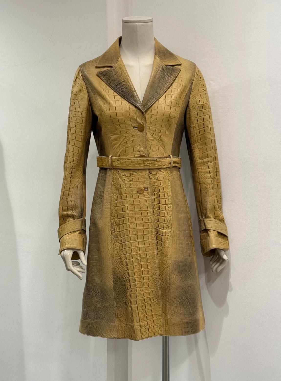 Beige A/W2000 Roberto Cavalli runway croc embossed leather trench coat in vendita