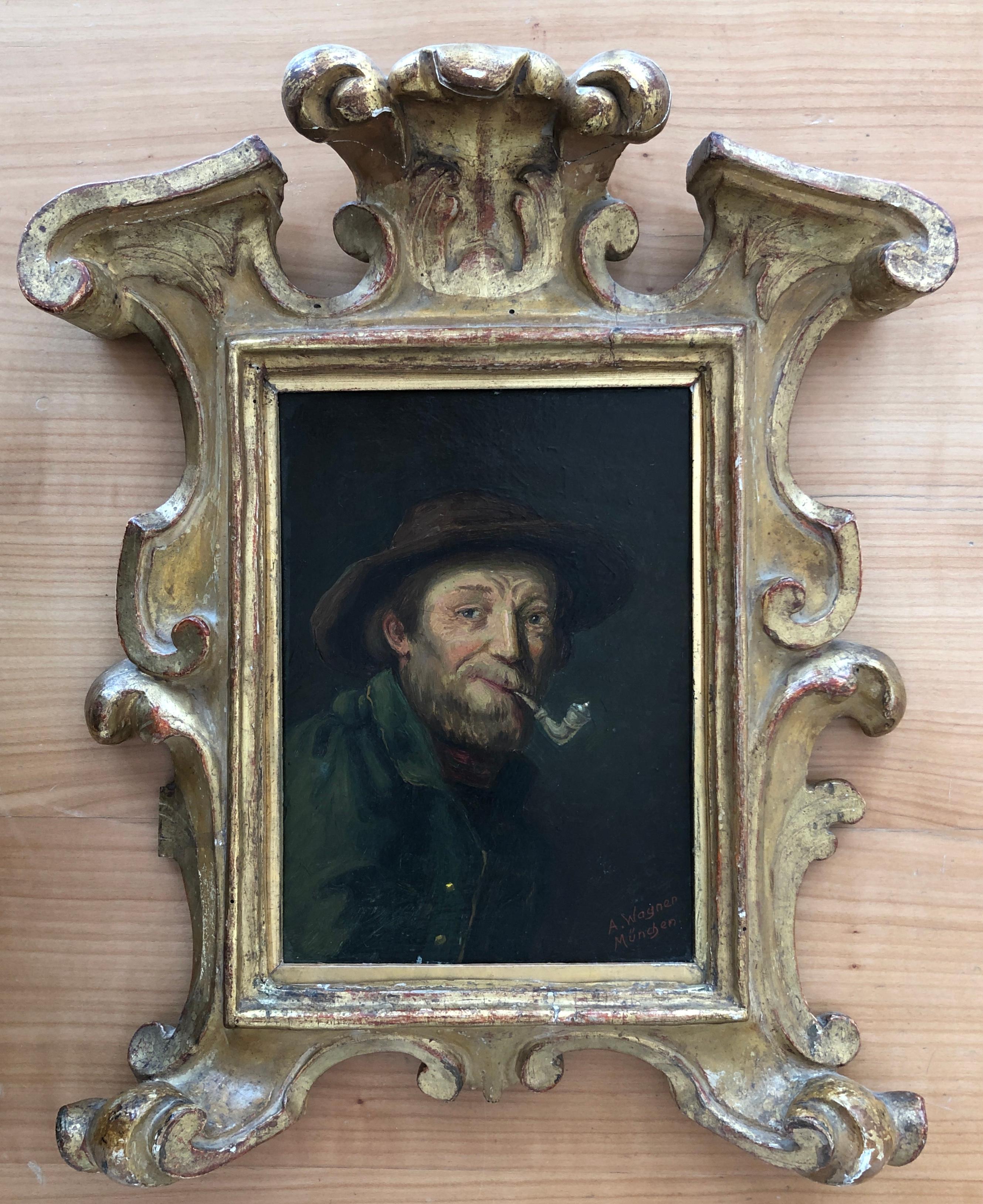 Bearded man with pipe and hat - Painting by A. Wagner