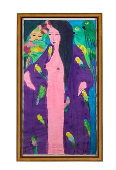 A Walasse Ting Chinesische Acrylbilder auf Papier 'Zwei Geishas und Papageien' Gemälde