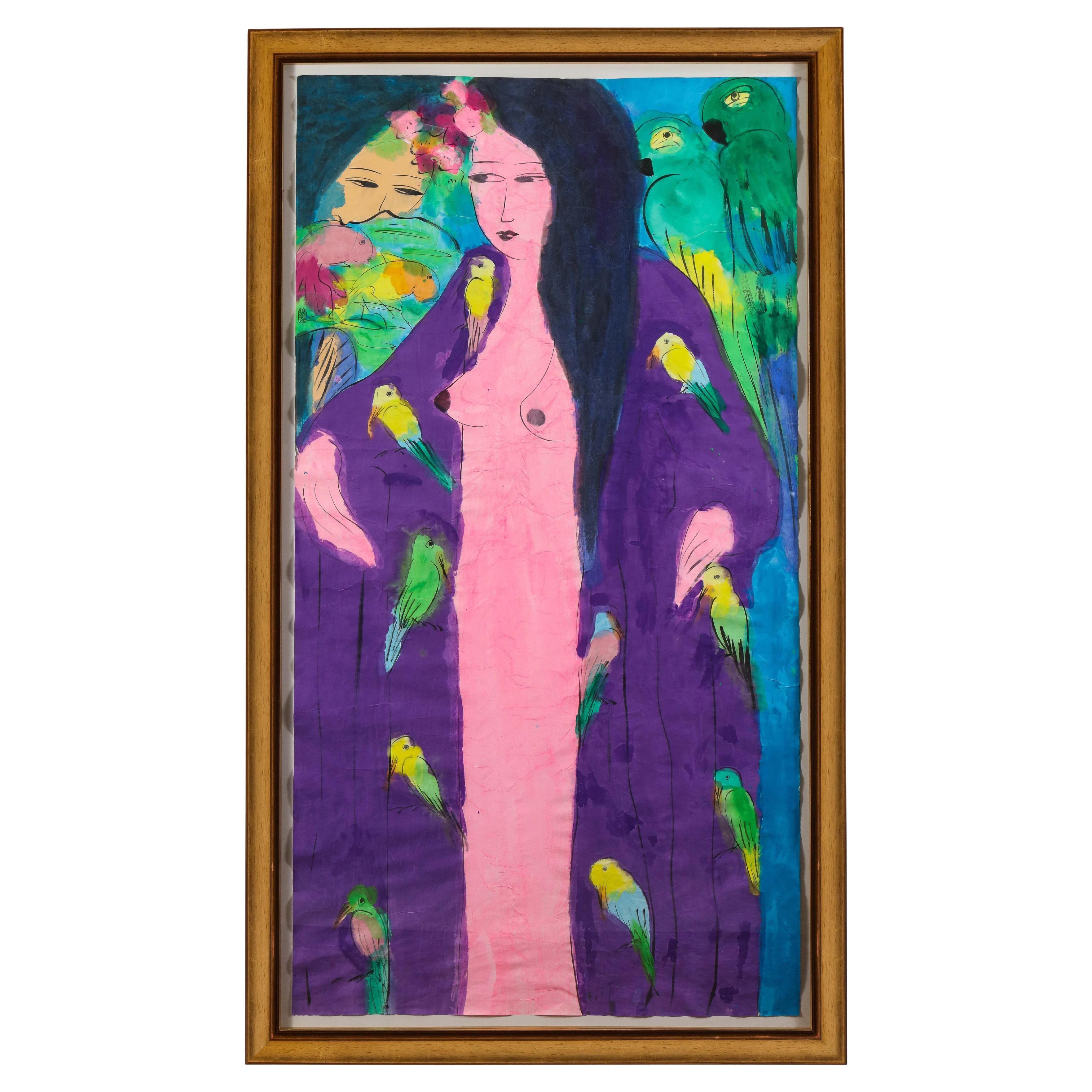 Pintura china acrílica sobre papel "Dos geishas y loros" de Walasse Ting