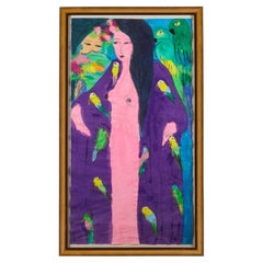 A Walasse Ting Chinese Acrylics on Paper 'Two Geishas and Parrots' Painting