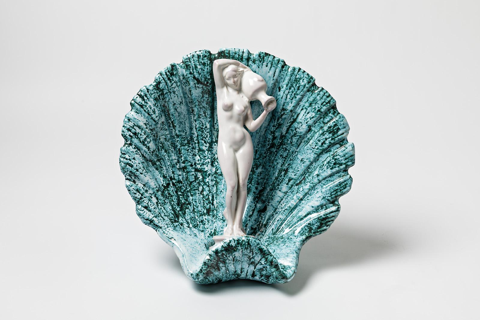 French Wall Ceramic Sculpture with White and Green Glazes Decoration, circa 1950-1960 For Sale