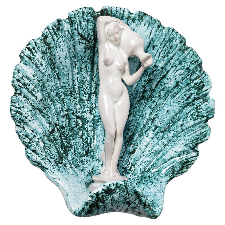 Wall Ceramic Sculpture with White and Green Glazes Decoration, circa 1950-1960