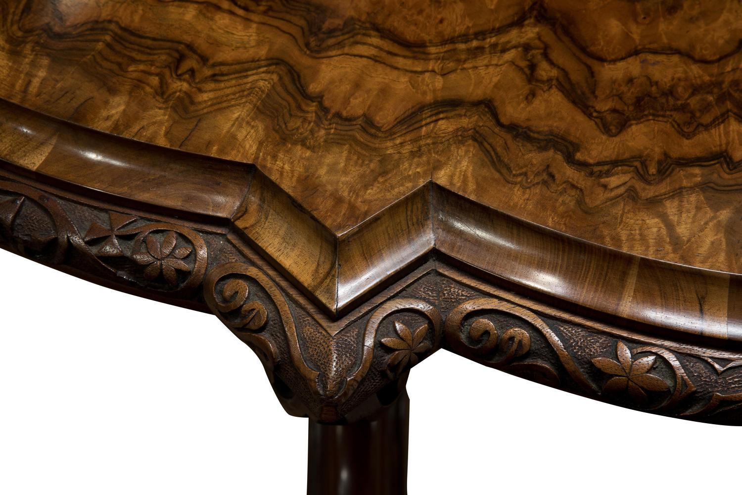 British Walnut and Burrwalnut  Centre Table with Carving, circa 1860 For Sale