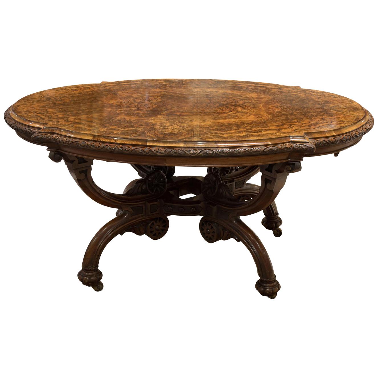 Walnut and Burrwalnut  Centre Table with Carving, circa 1860 For Sale