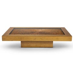 A Walnut and Pine Seed Inlaid Low Table With a Glass Top Circa 1960s