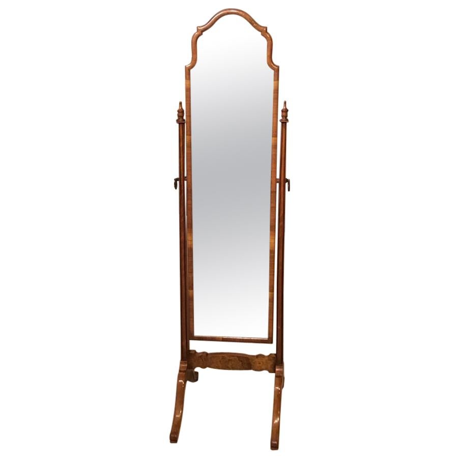 Walnut Queen Anne Style Antique Cheval Mirror For Sale