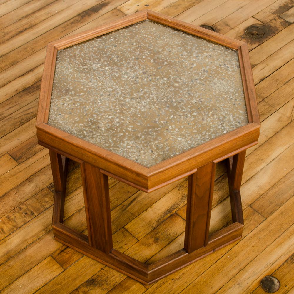 Walnut Side Table with Gold/Copper Pebbled Resin Top, John Keal for B. Saltman In Good Condition In Philadelphia, PA