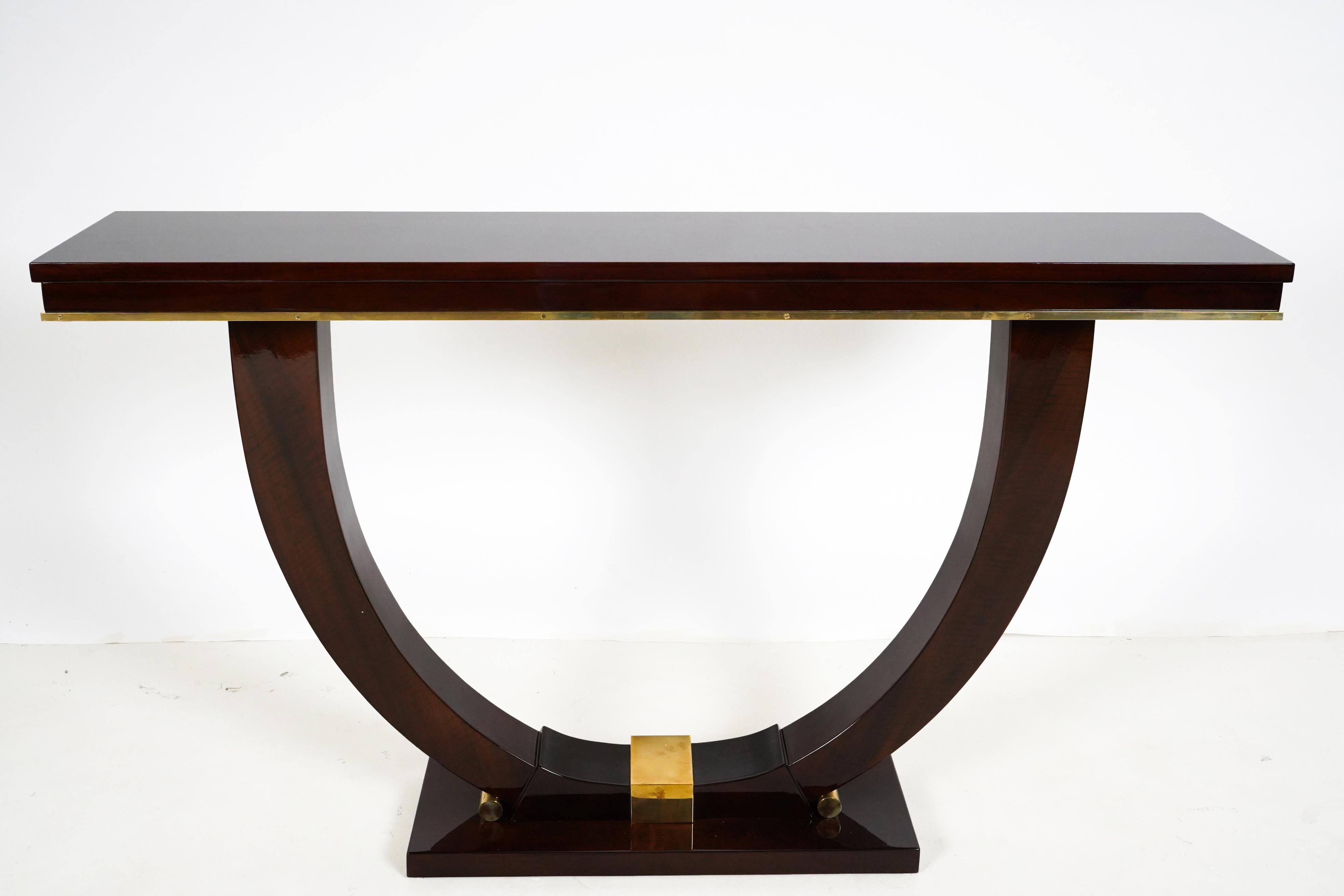Contemporary Walnut Veneer Console with Brass Trim For Sale