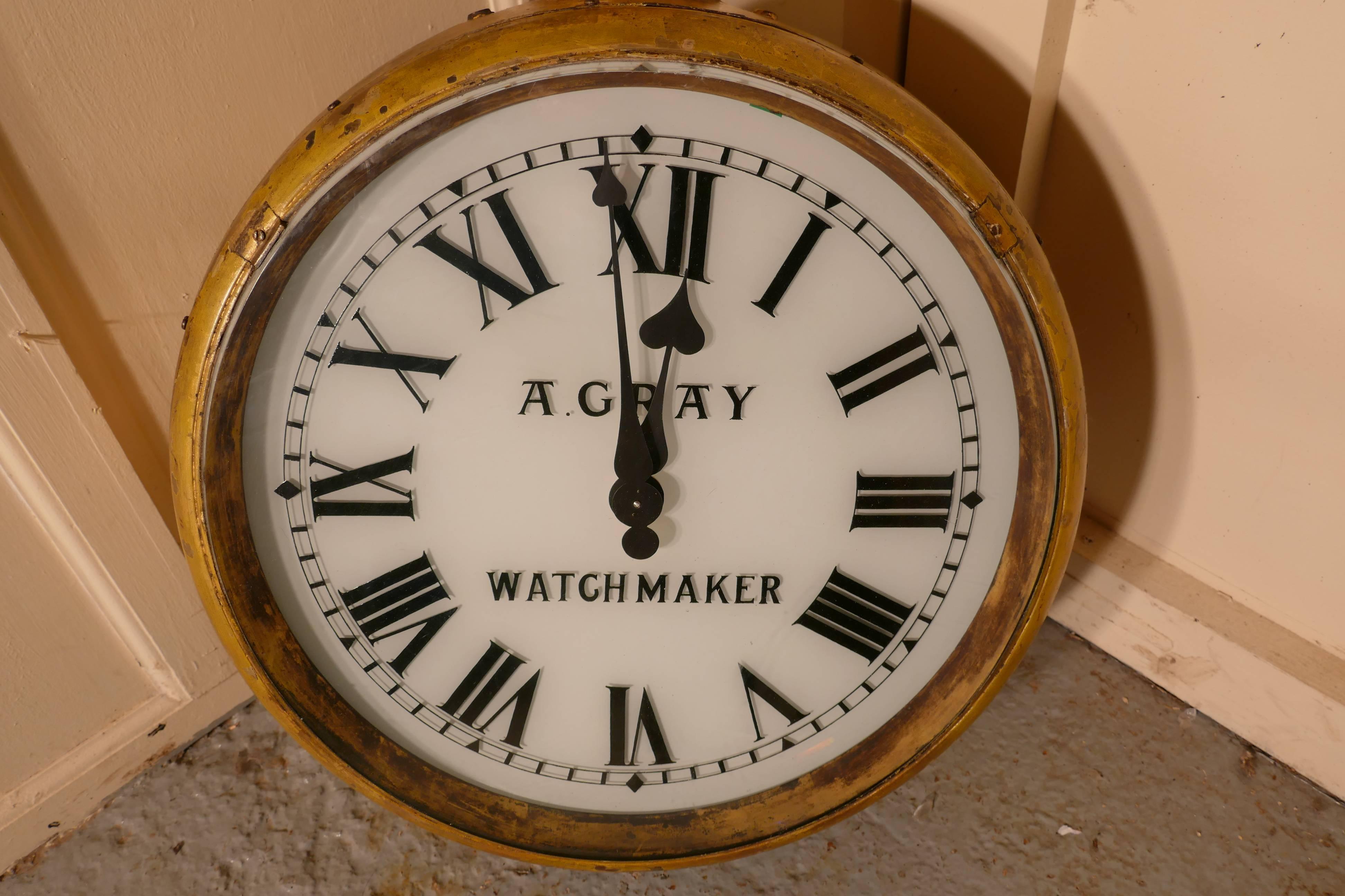 A watch makers shop trades sign, giant pocket watch

What a great piece to hang outside a watch or clock shop, this one was made in the 1900s, it is totally three dimensional, a giant gold watch which can be suspended by its bow ring, but