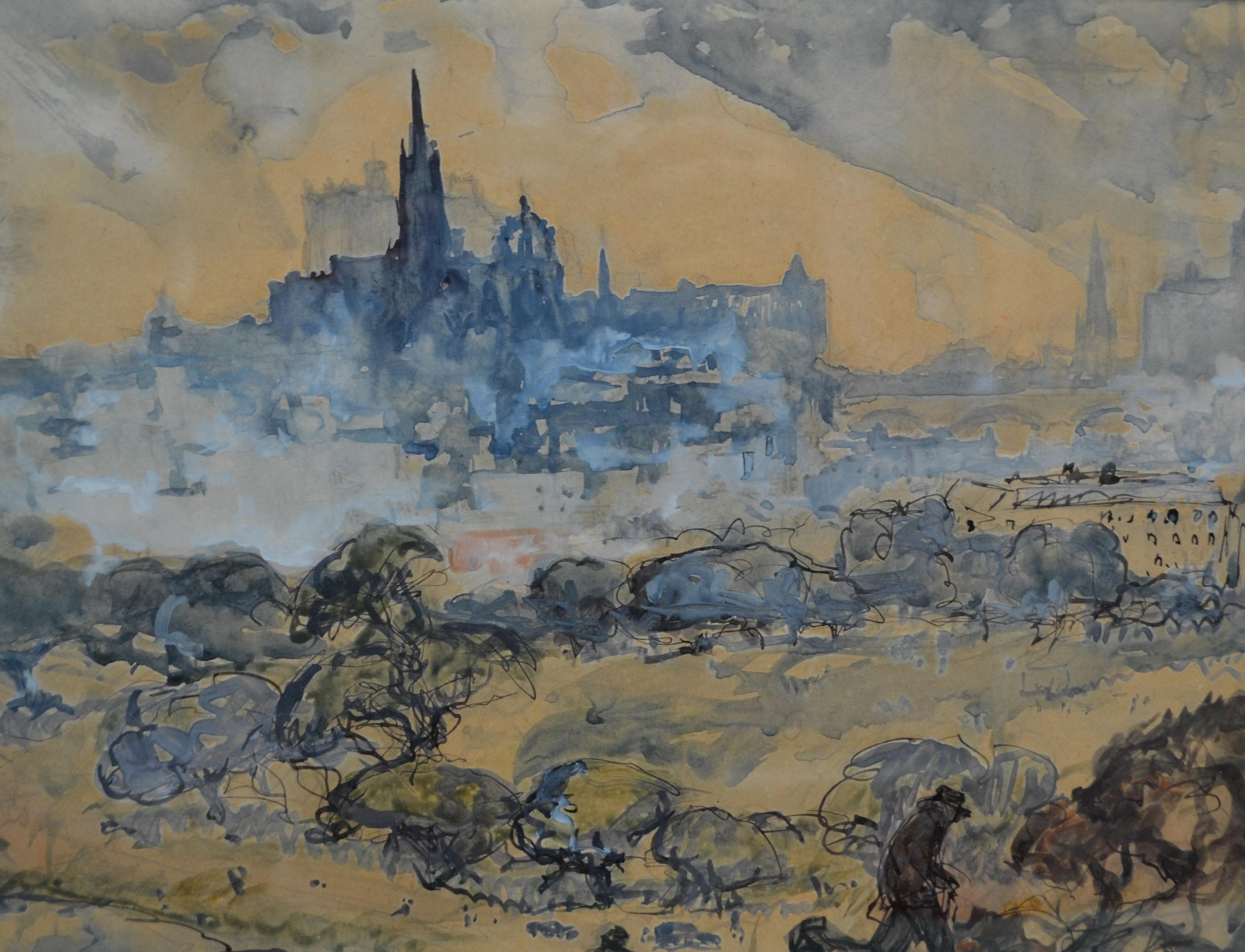 Ein stimmungsvolles Aquarell im impressionistischen Stil mit der Skyline der englischen Universitätsstadt Cambridge in pastellfarbenen Tönen. Das Werk ist in der unteren rechten Ecke der Zeichnung fett mit Barclay signiert, aber die Initialen