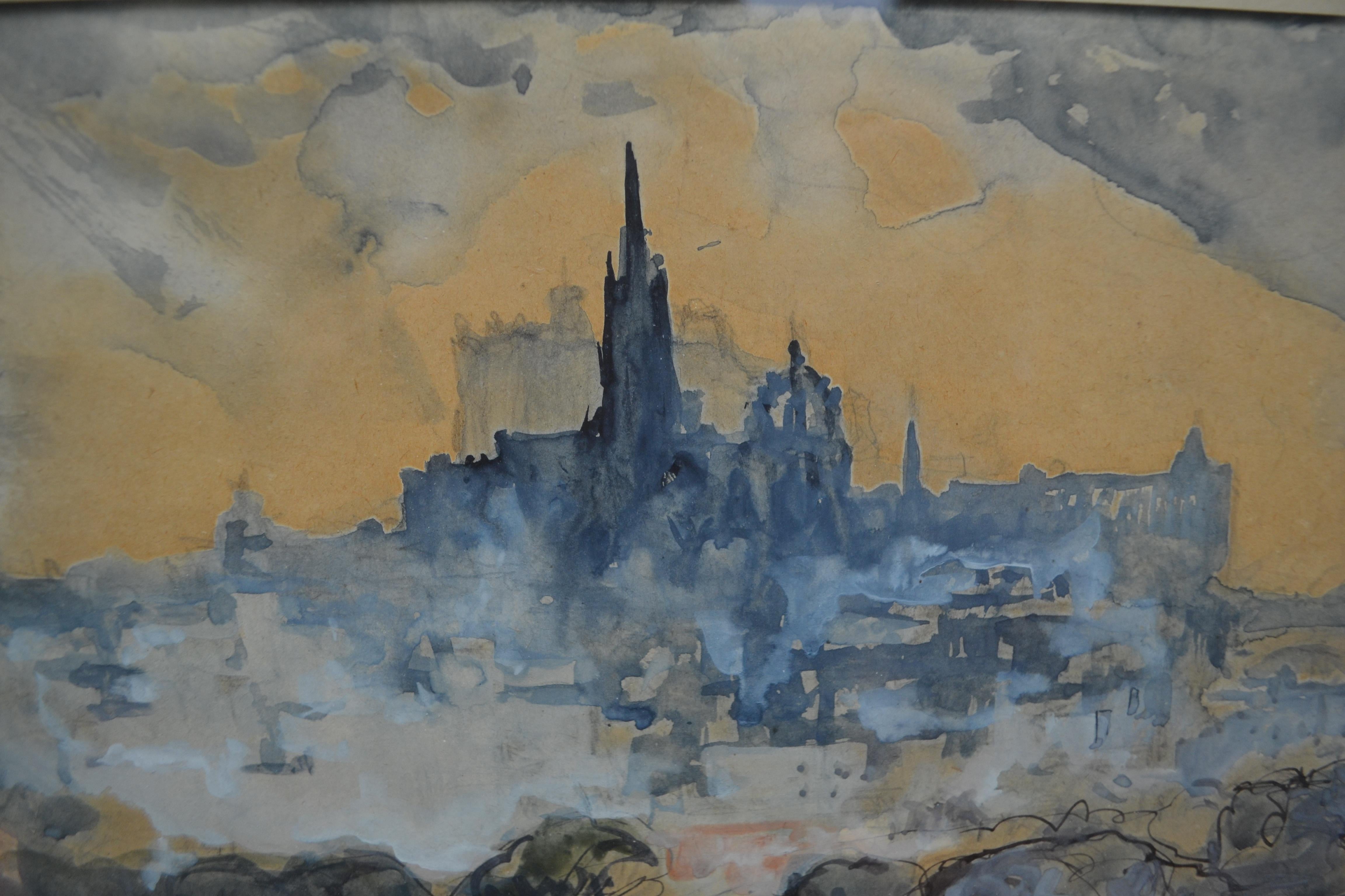 Water Color of the Cambridge Skyline Signed Barclay In Good Condition For Sale In Vancouver, British Columbia