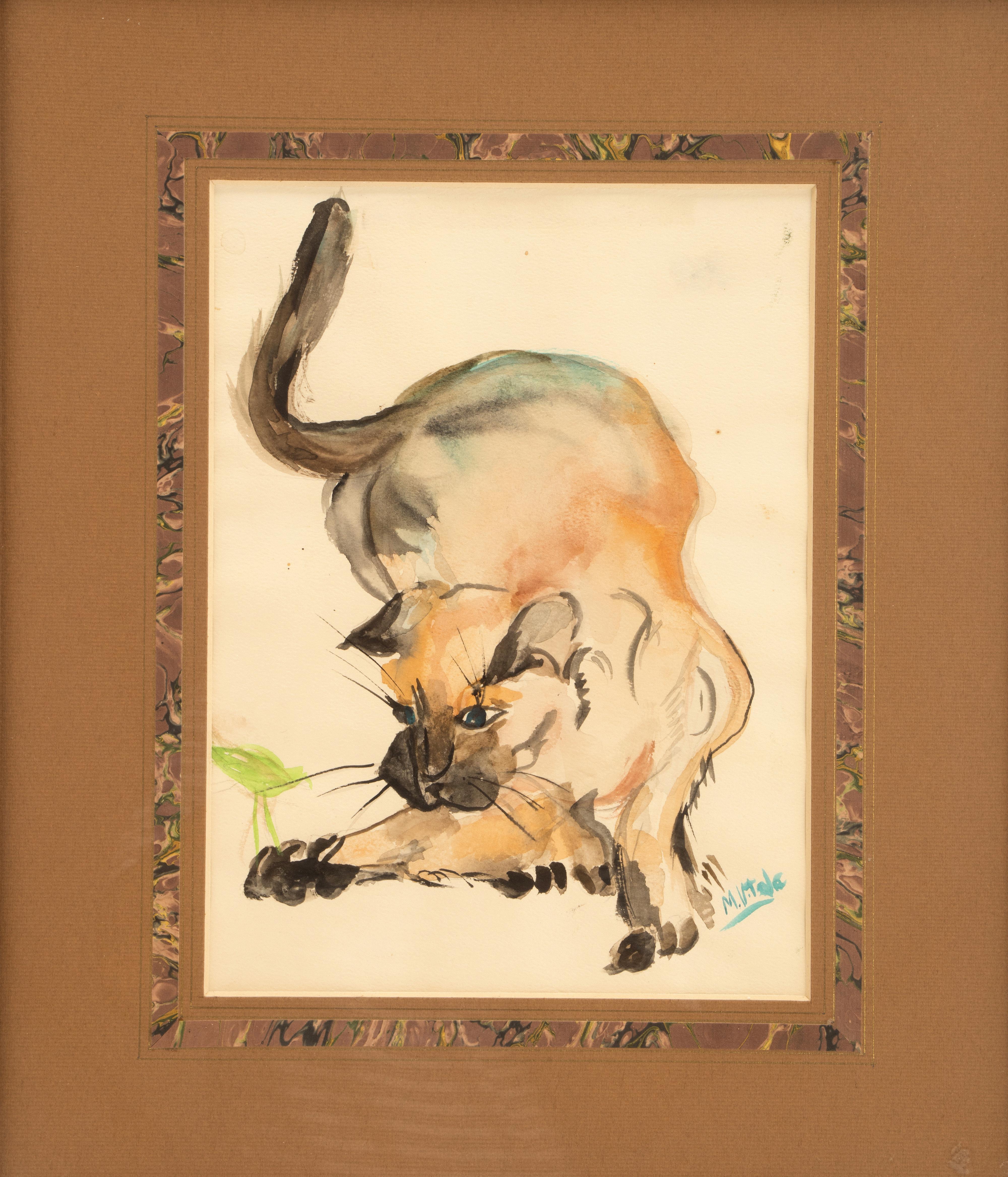 A watercolor depicting a cat. Solid cherry wood frame, polished and beeswaxed. France circa 1940.