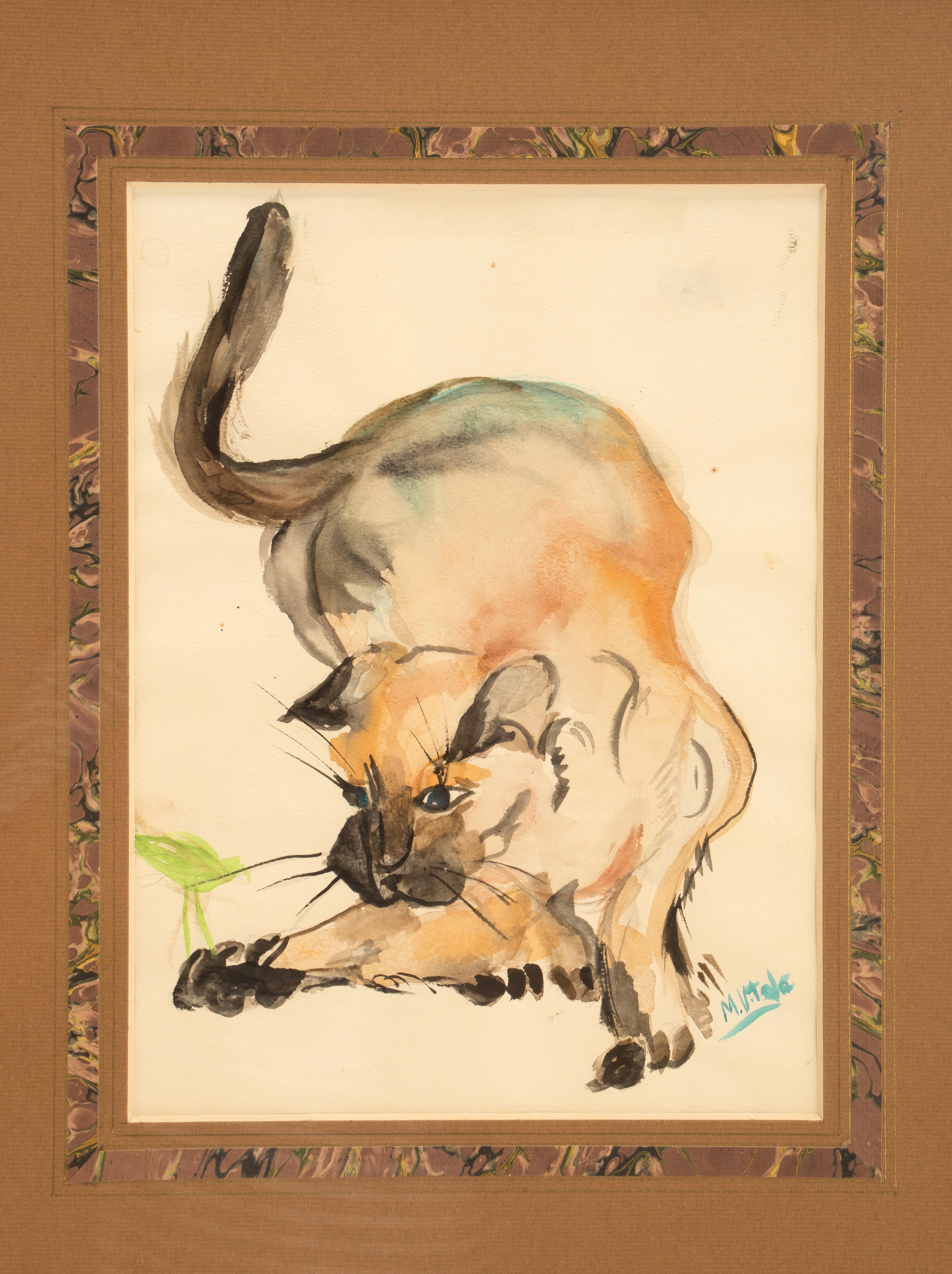 French Watercolor Depicting a Cat, France 1940 For Sale