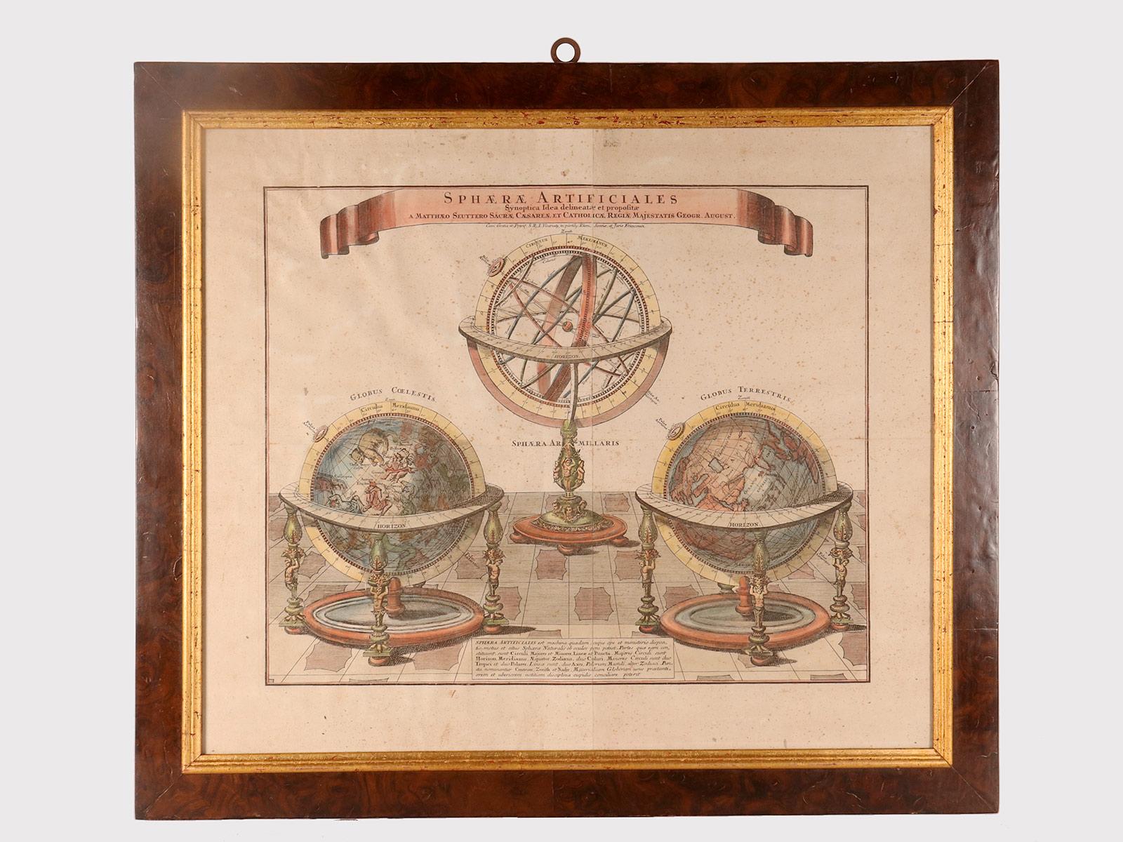 A watercolor engraving on paper, depicting a terrestrial globe, an armillary sphere and a celestial globe. Fir wood frame, walnut briar veneer, with gilded ramin wood edge. Mattäus Seutter, Augsburg, Germany circa 1740.