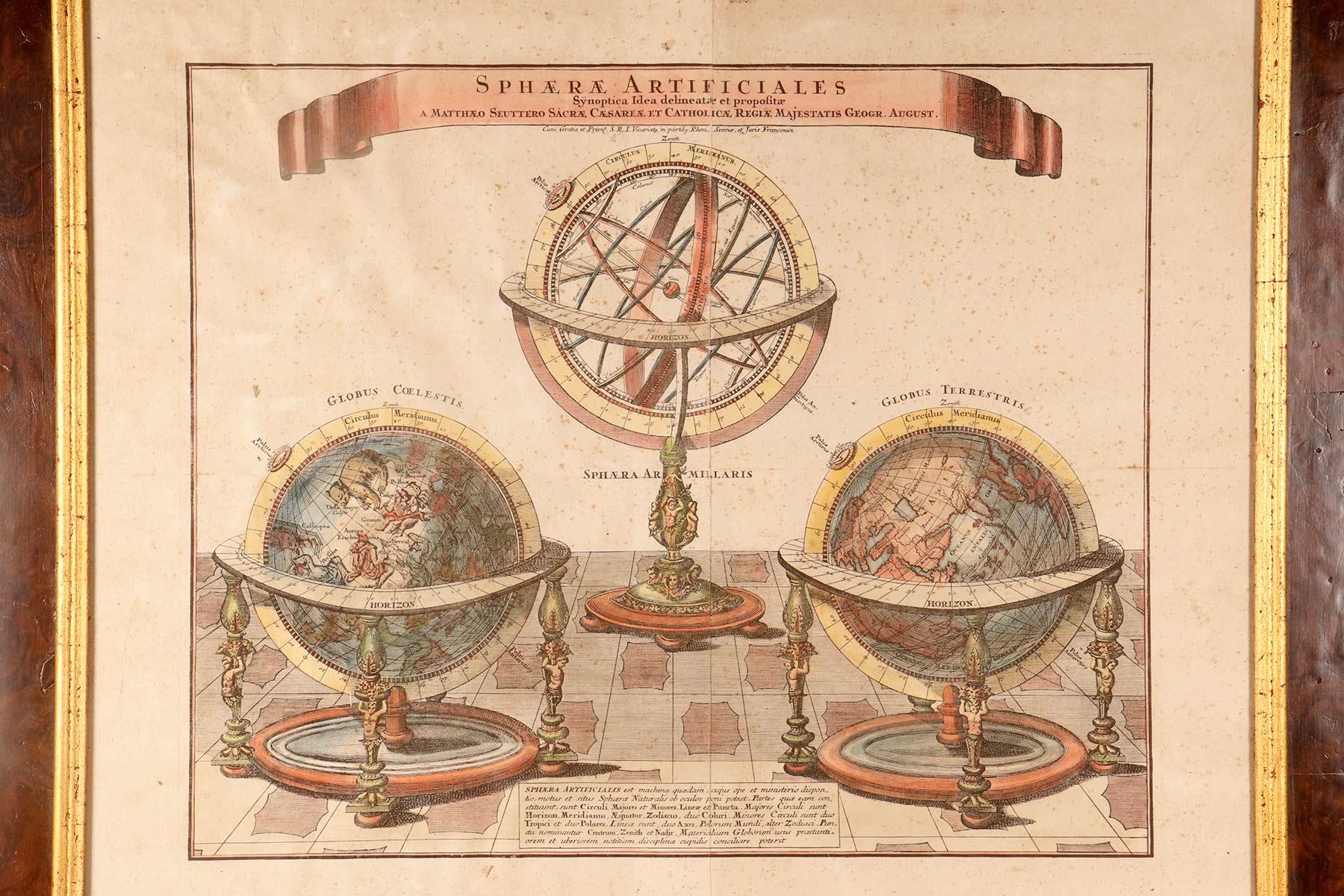 A watercolor engraving depicting an armillary sphere and globes, Germany 1740. In Good Condition For Sale In Milan, IT