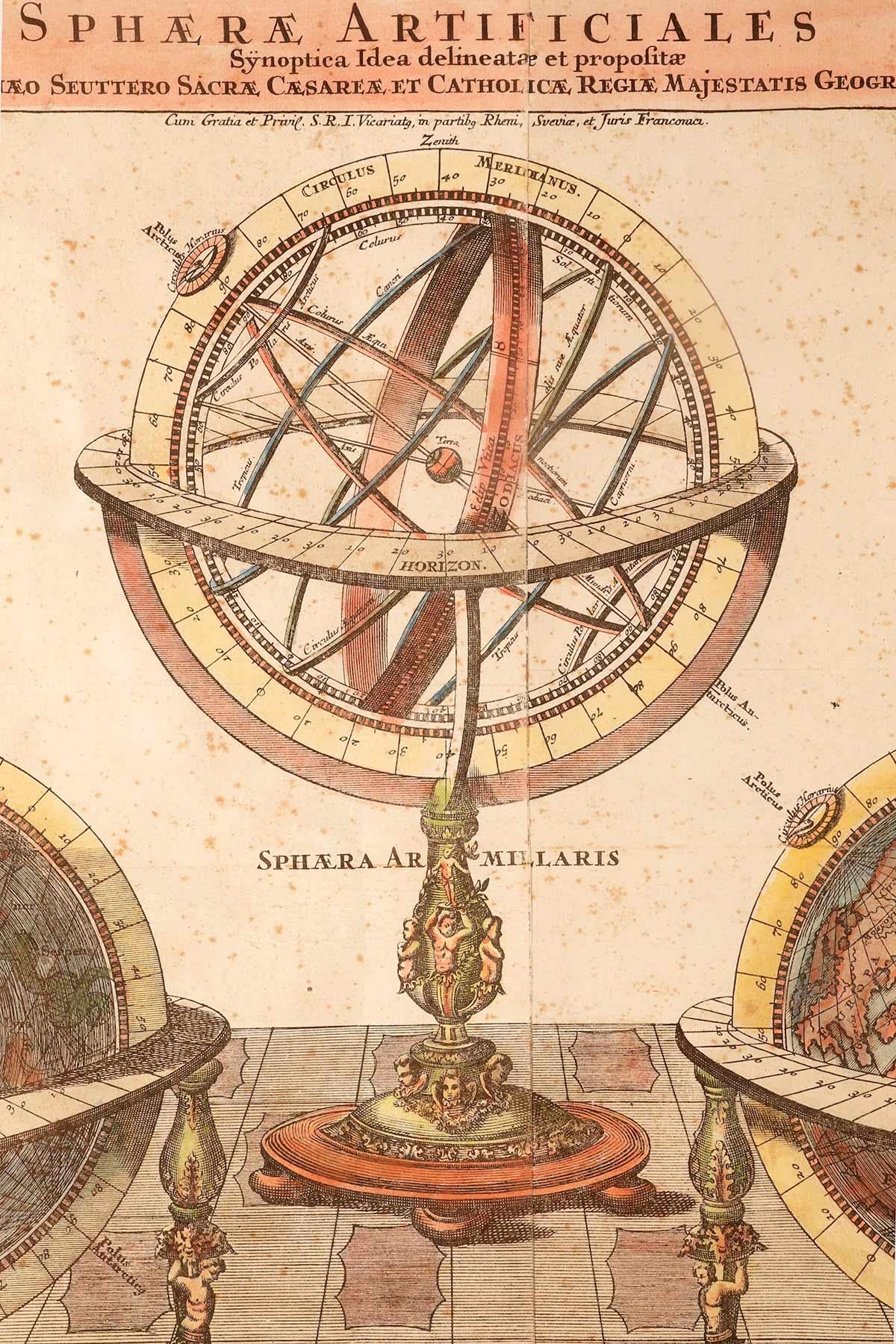 Wood A watercolor engraving depicting an armillary sphere and globes, Germany 1740. For Sale