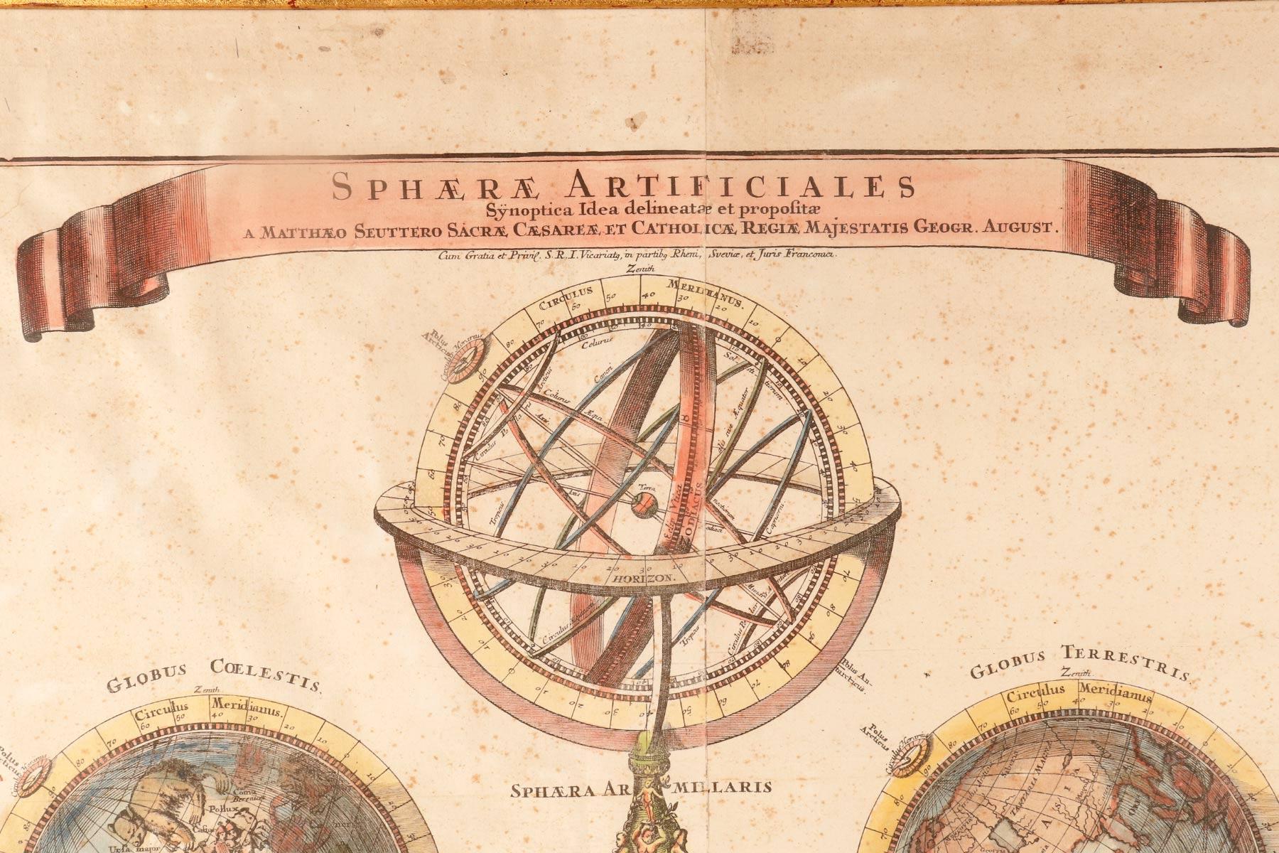 A watercolor engraving depicting an armillary sphere and globes, Germany 1740. For Sale 1