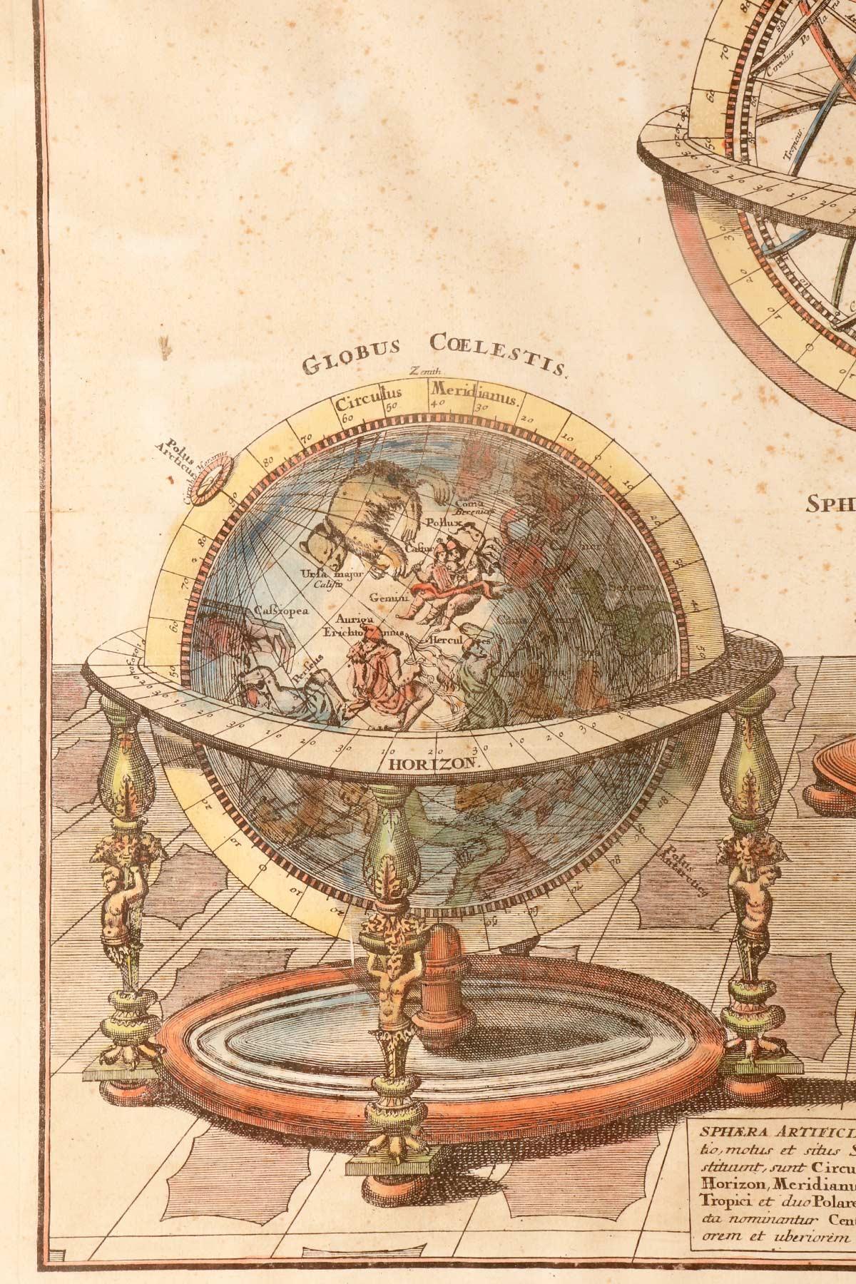 A watercolor engraving depicting an armillary sphere and globes, Germany 1740. For Sale 2