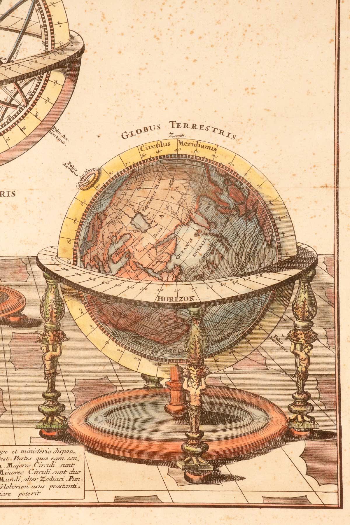 A watercolor engraving depicting an armillary sphere and globes, Germany 1740. For Sale 3