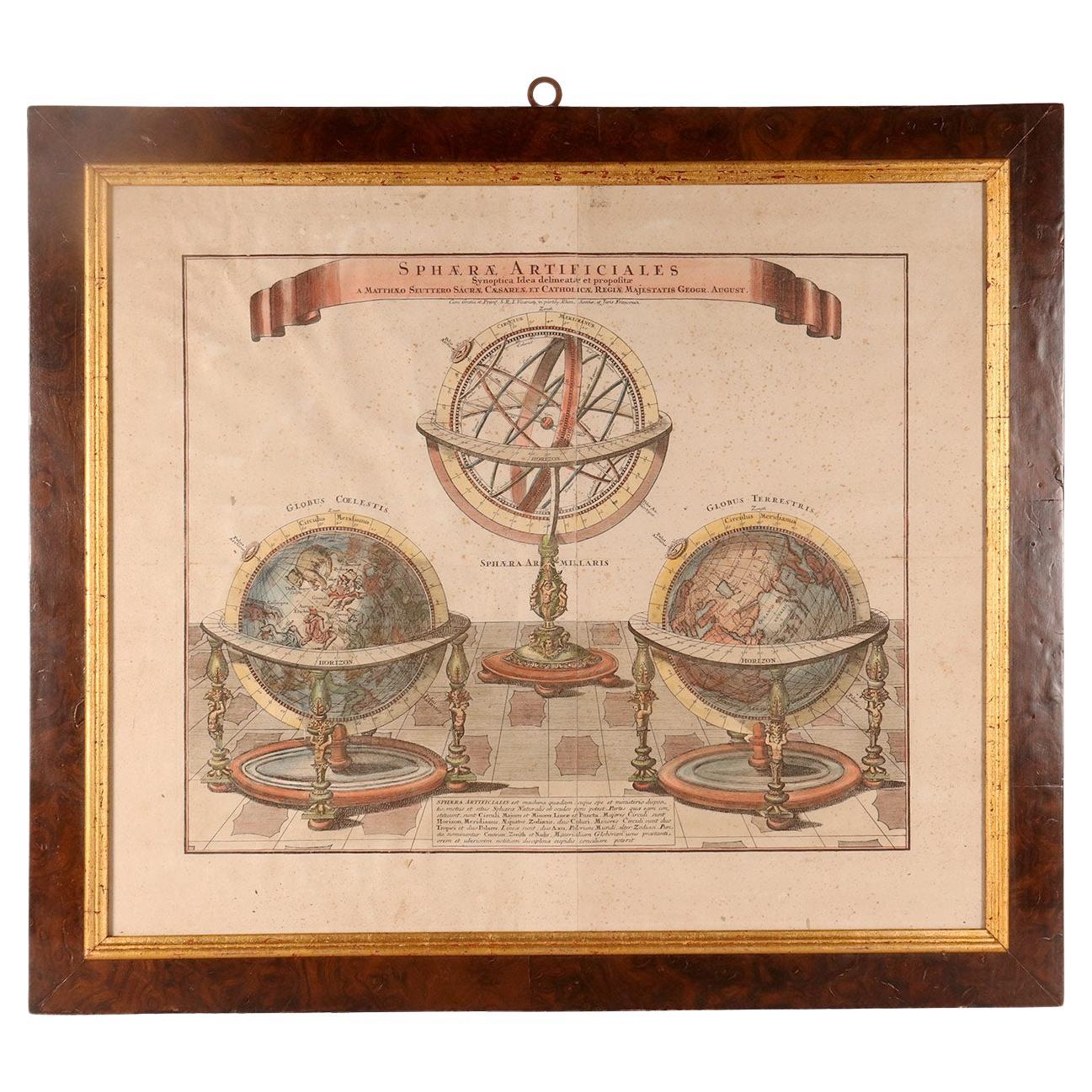 A watercolor engraving depicting an armillary sphere and globes, Germany 1740. For Sale