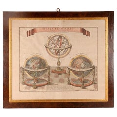 Antique A watercolor engraving depicting an armillary sphere and globes, Germany 1740.