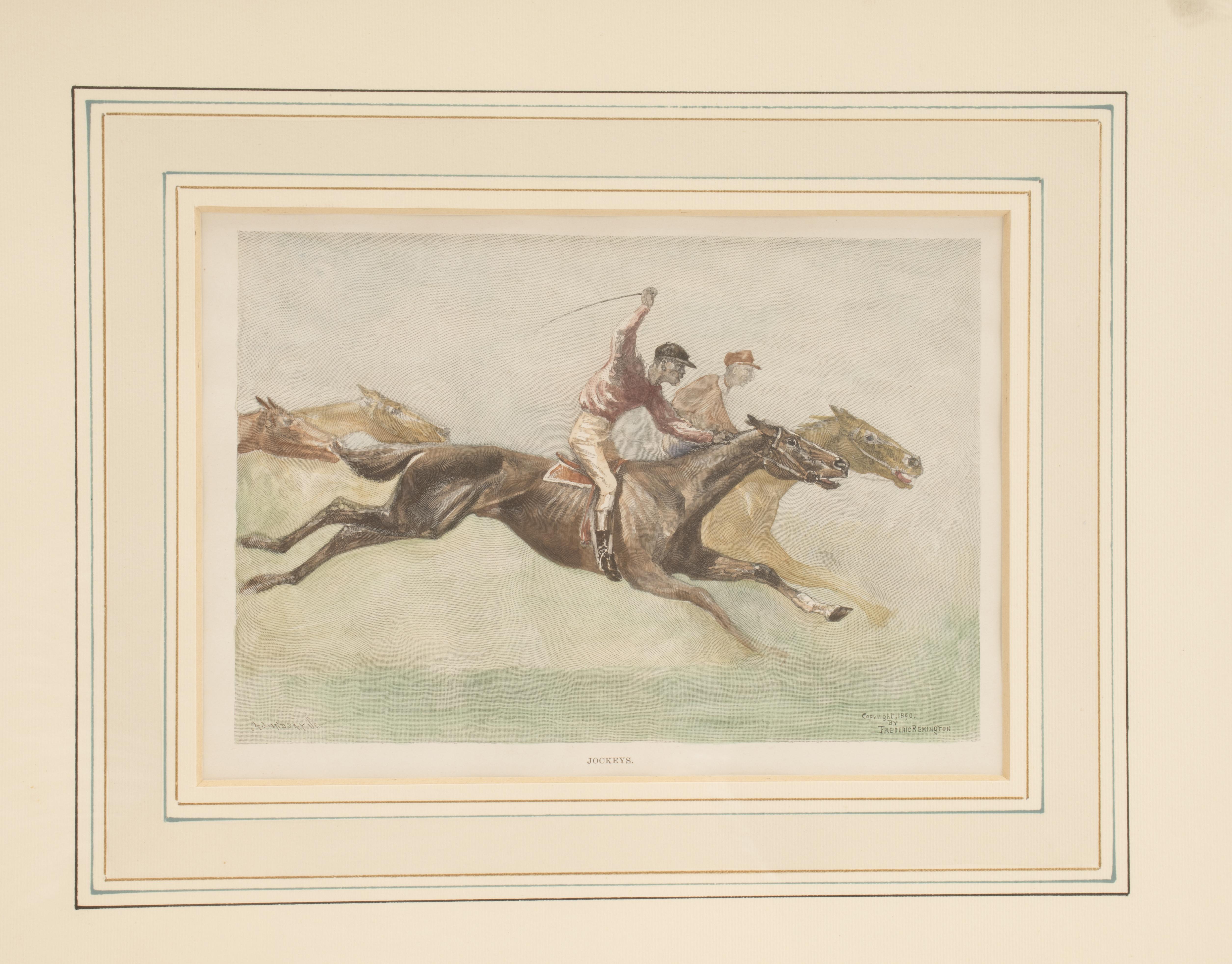 A watercolor finished print, depicting a galloping horses with jokeys. Frederic Remington. Solid cherry wood frame, polished and beeswaxed. USA circa 1900.