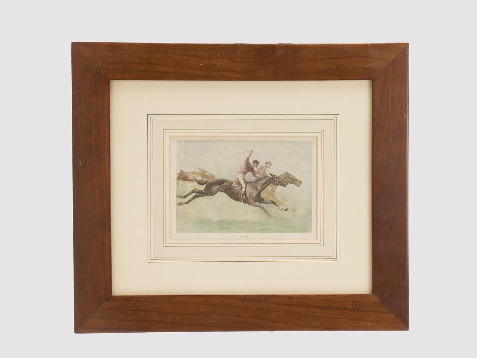 Ein Aquarelldruck, der ein galoppierendes Pferd mit Scherzkeksen abbildet. Frederic Remington. Massiver Kirschholzrahmen, poliert und bienengewachst. Vereinigte Staaten um 1900.