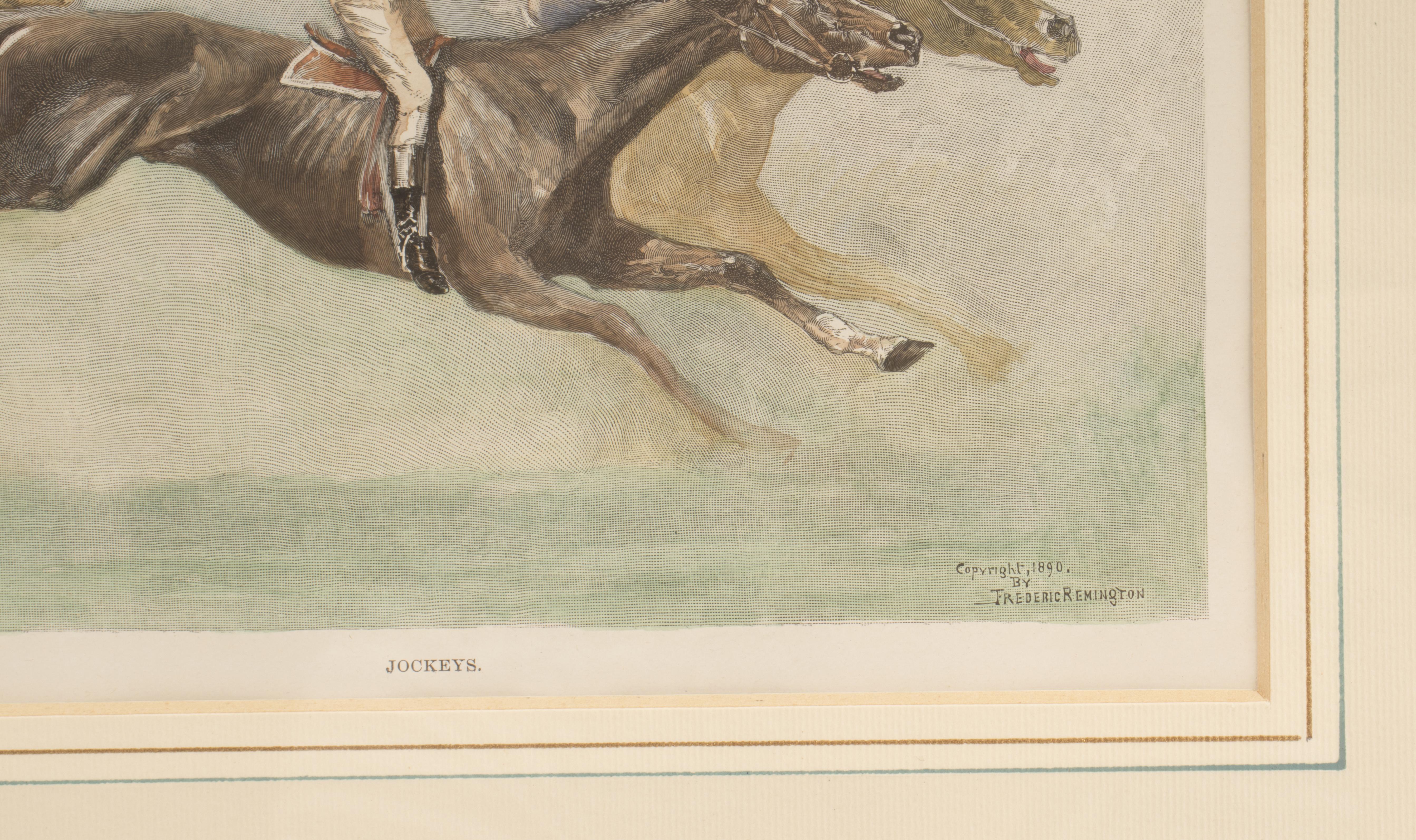 American Watercolor Finished Print Depicting Galloping Horses with Jockeys, USA 1900 For Sale