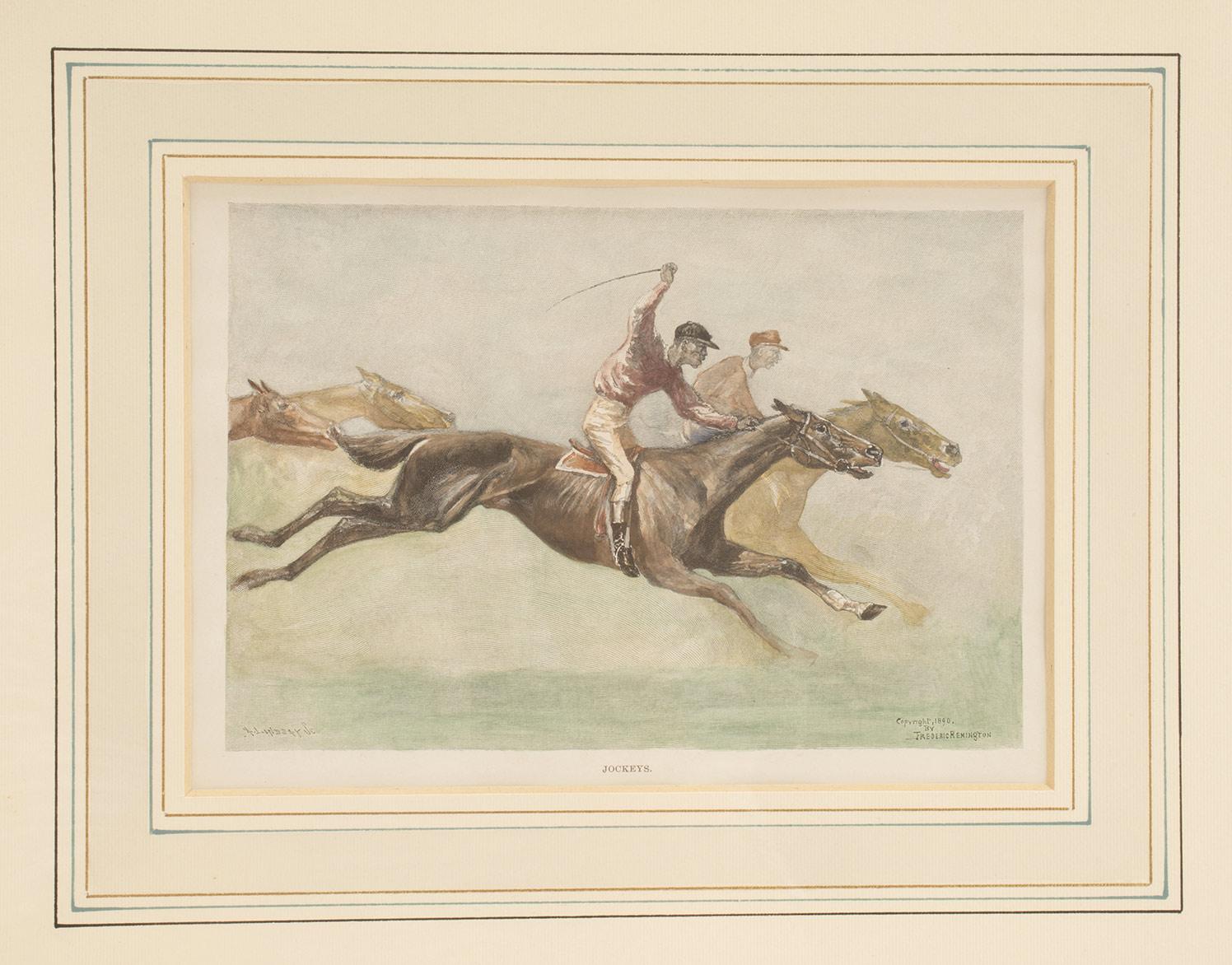 Aquarellierter Druck, der galoppierende Pferde mit Jockeys zeigt, USA 1900. (amerikanisch) im Angebot