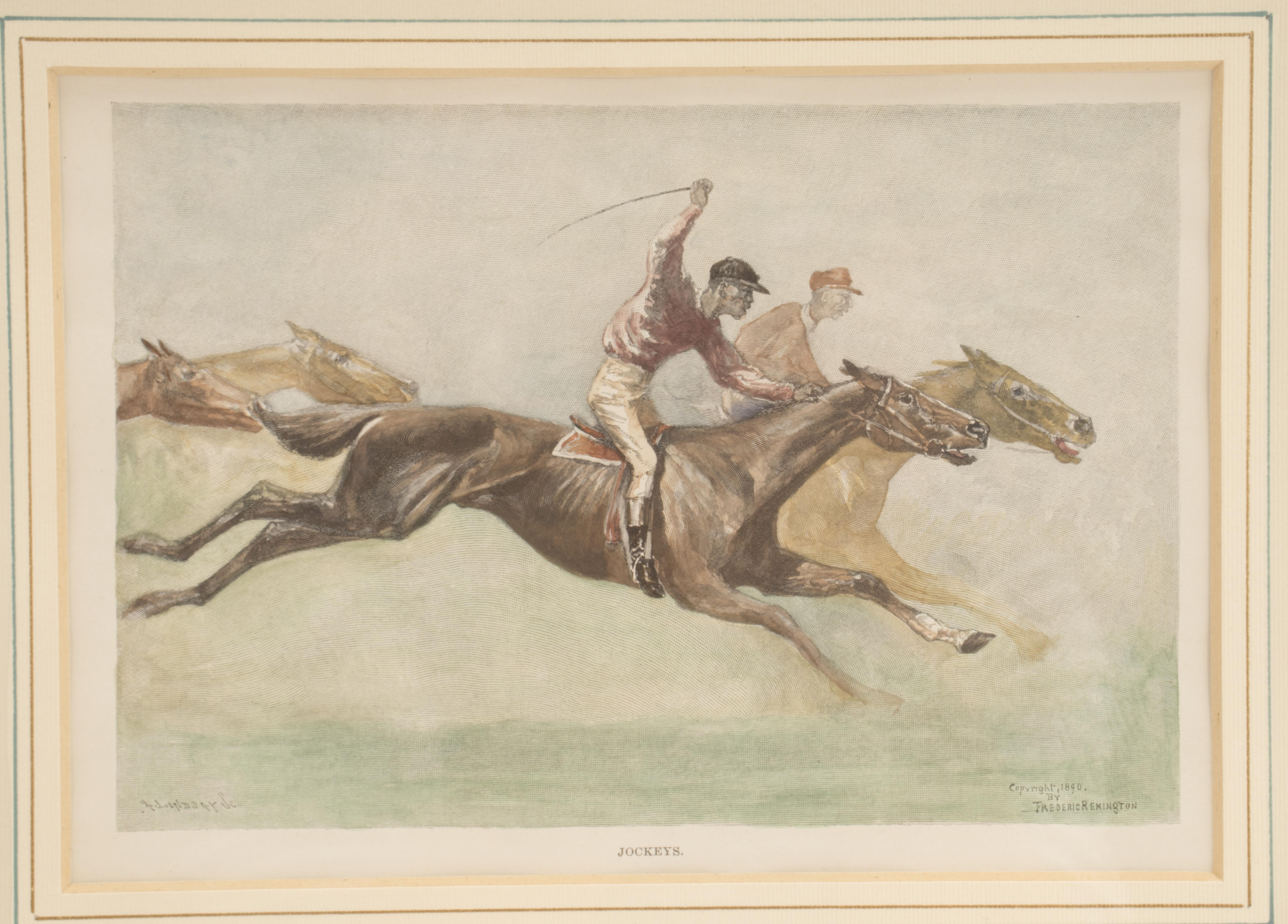 Watercolor Finished Print Depicting Galloping Horses with Jockeys, USA 1900 In Excellent Condition For Sale In Milan, IT