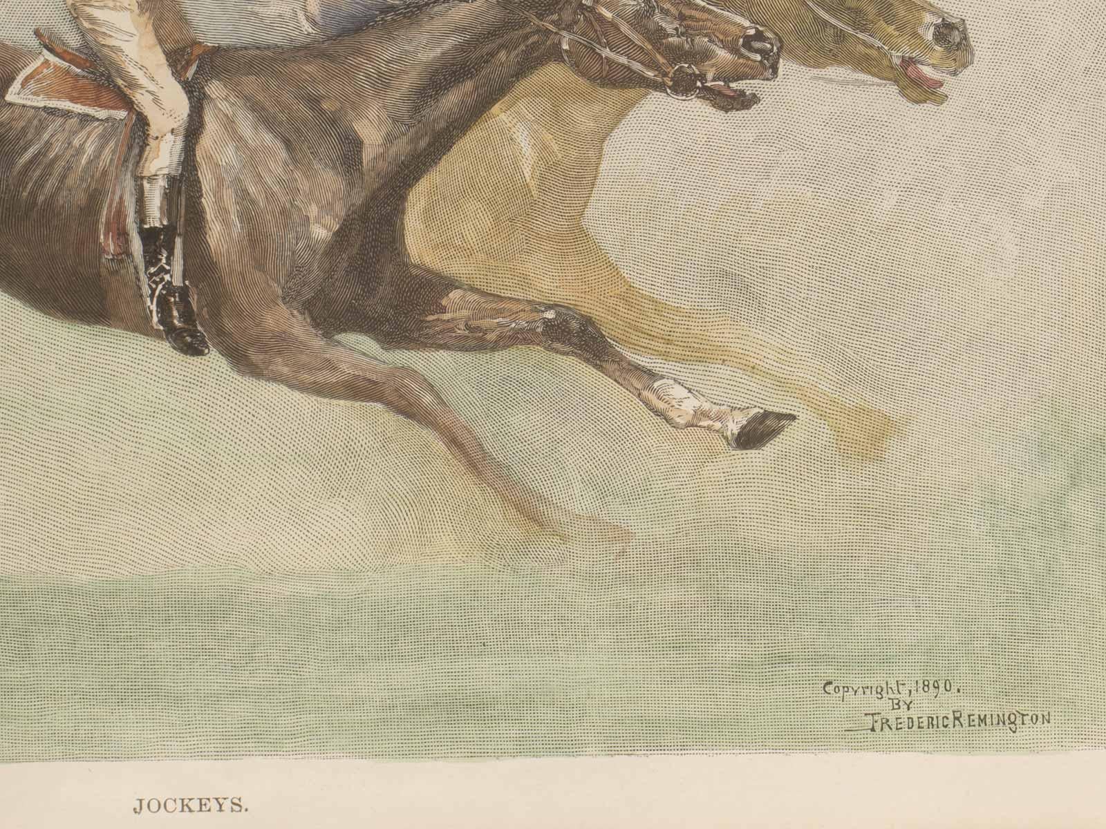Aquarellierter Druck, der galoppierende Pferde mit Jockeys zeigt, USA 1900. im Zustand „Gut“ im Angebot in Milan, IT