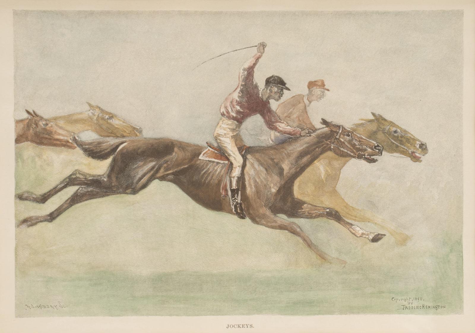 Aquarellierter Druck, der galoppierende Pferde mit Jockeys zeigt, USA 1900. (20. Jahrhundert) im Angebot
