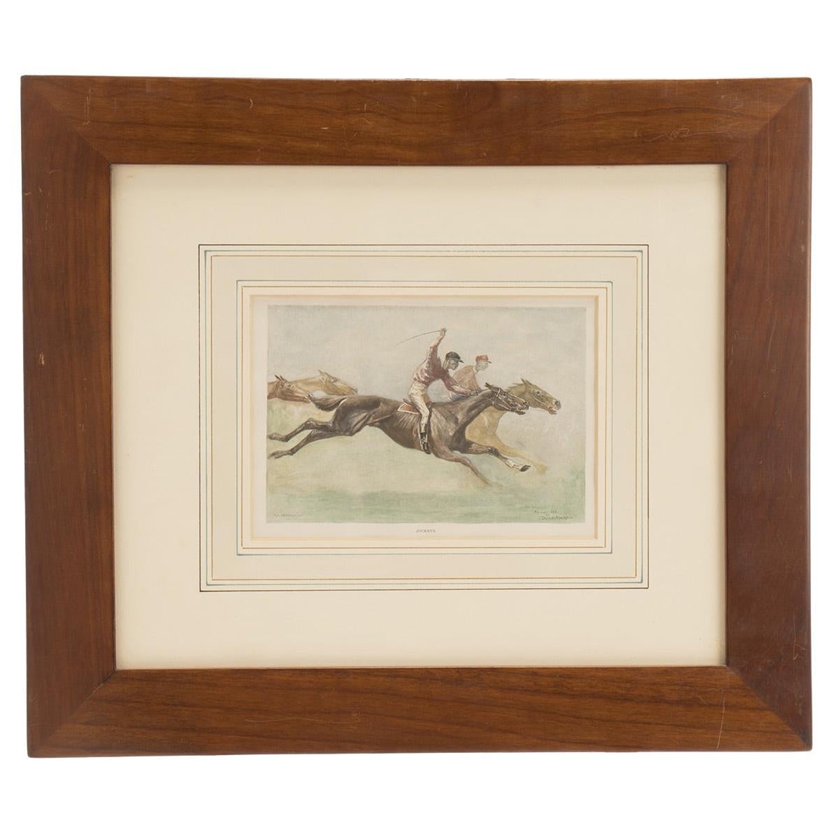 Aquarellierter Druck, der galoppierende Pferde mit Jockeys zeigt, USA 1900. im Angebot