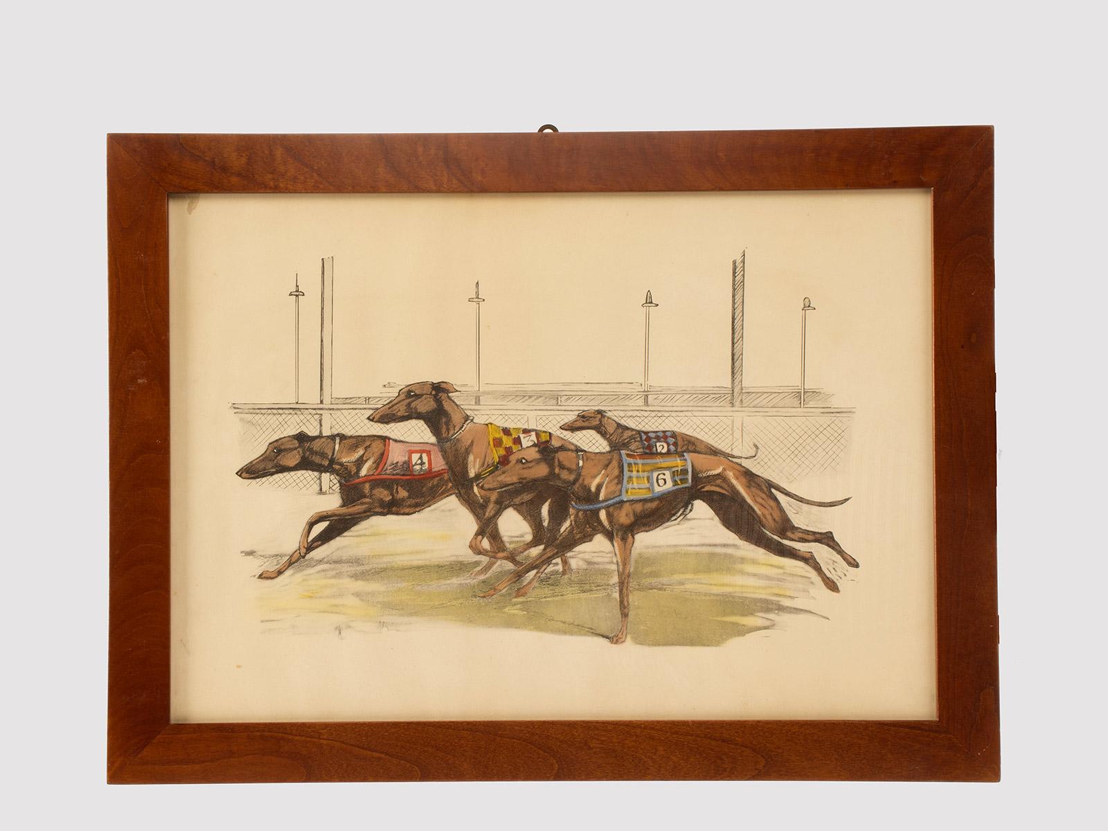 Ein Aquarell, das vier Windhunde abbildet. Massiver Kirschholzrahmen, poliert und bienengewachst. Vereinigte Staaten um 1900.