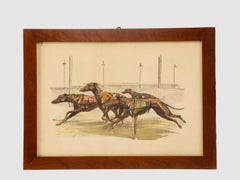 A watercolor finished print depicting greyhound dogs running, USA 1900.