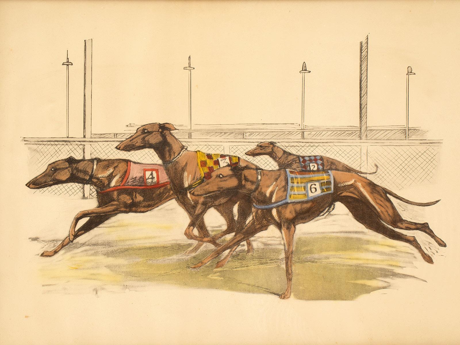 Ein Aquarell mit der Darstellung von rennenden Windhunden, USA 1900. (amerikanisch) im Angebot