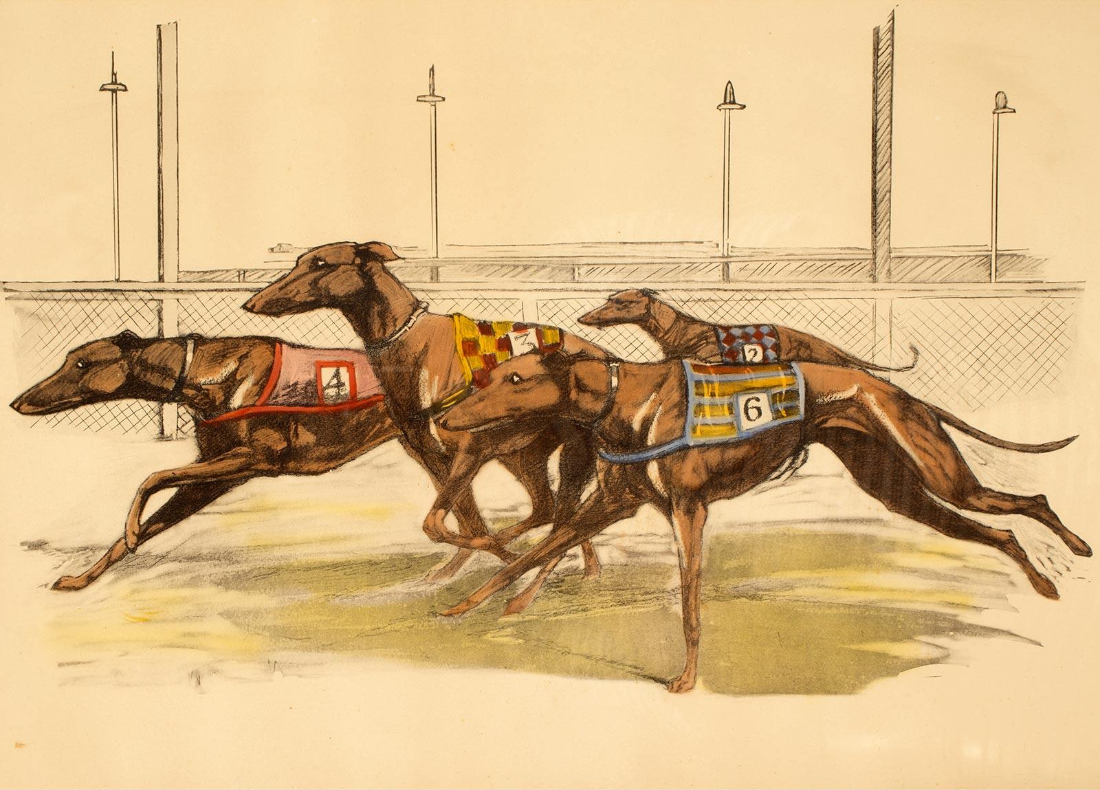 Ein Aquarell mit der Darstellung von rennenden Windhunden, USA 1900. im Zustand „Gut“ im Angebot in Milan, IT