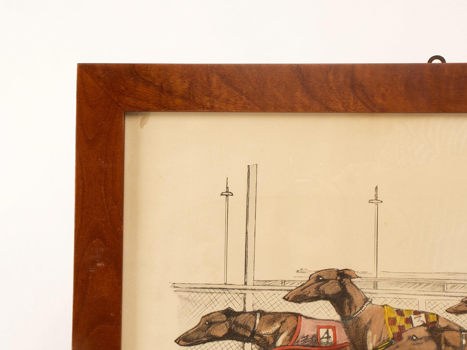 Ein Aquarell mit der Darstellung von rennenden Windhunden, USA 1900. (Holz) im Angebot